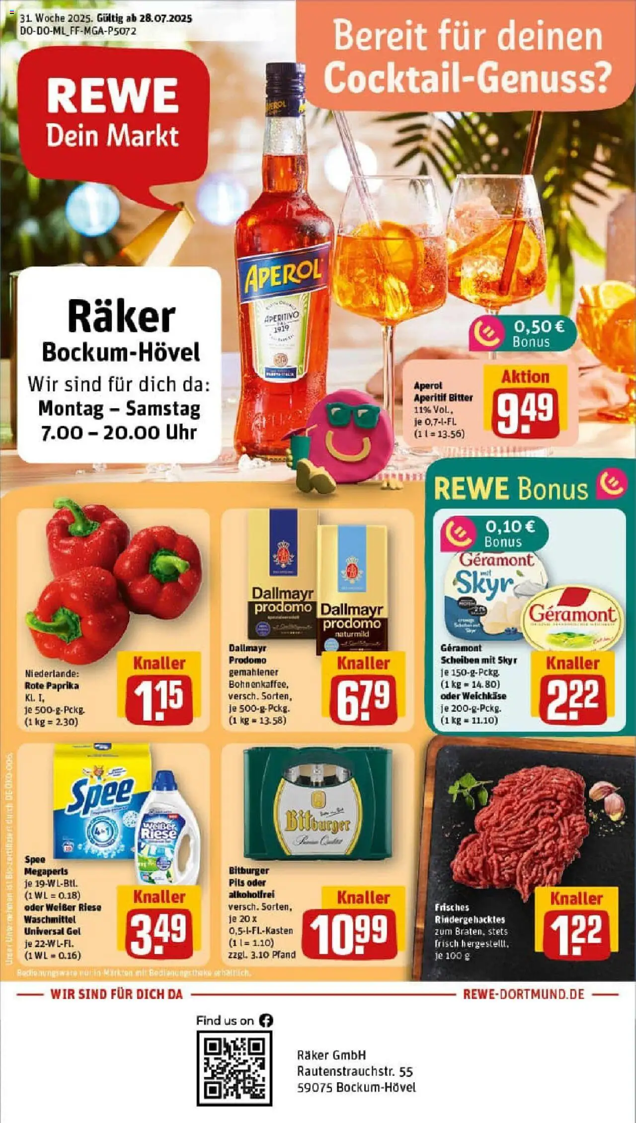 REWE Prospekt ab 27.07.2025 nächste Woche - Prospekt Hamm - Uhr, Skyr, Dallmayr, Theke, Dallmayr prodomo, Geramont, Pils, Rote Paprika