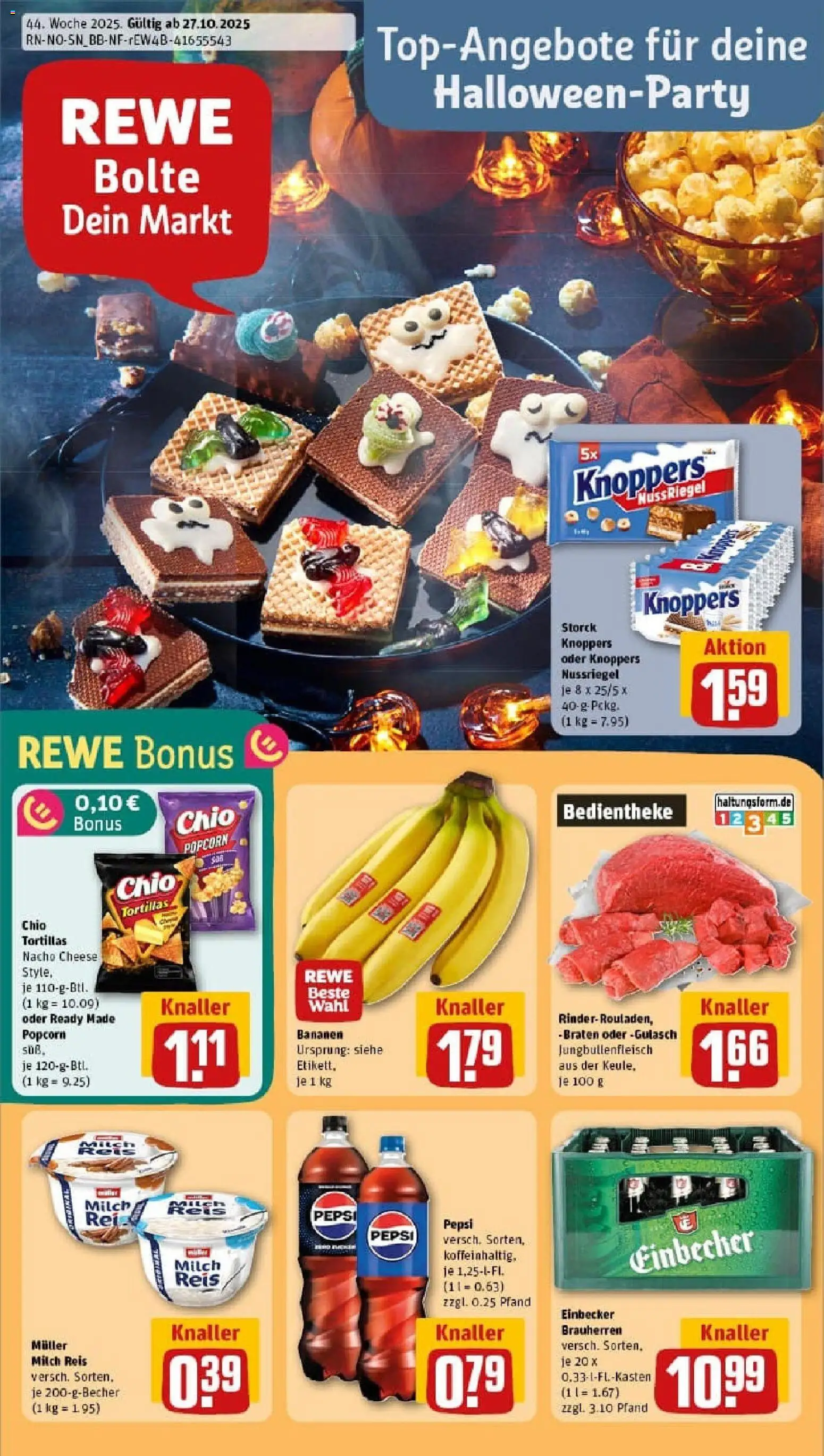 Vorschau von dem Prospekt des Geschäftes Rewe, gültig ab dem 26.10.2025 - Chips, Gulasch, Cola, Reis, Pudding, Knoppers, Pepsi, Chio tortillas