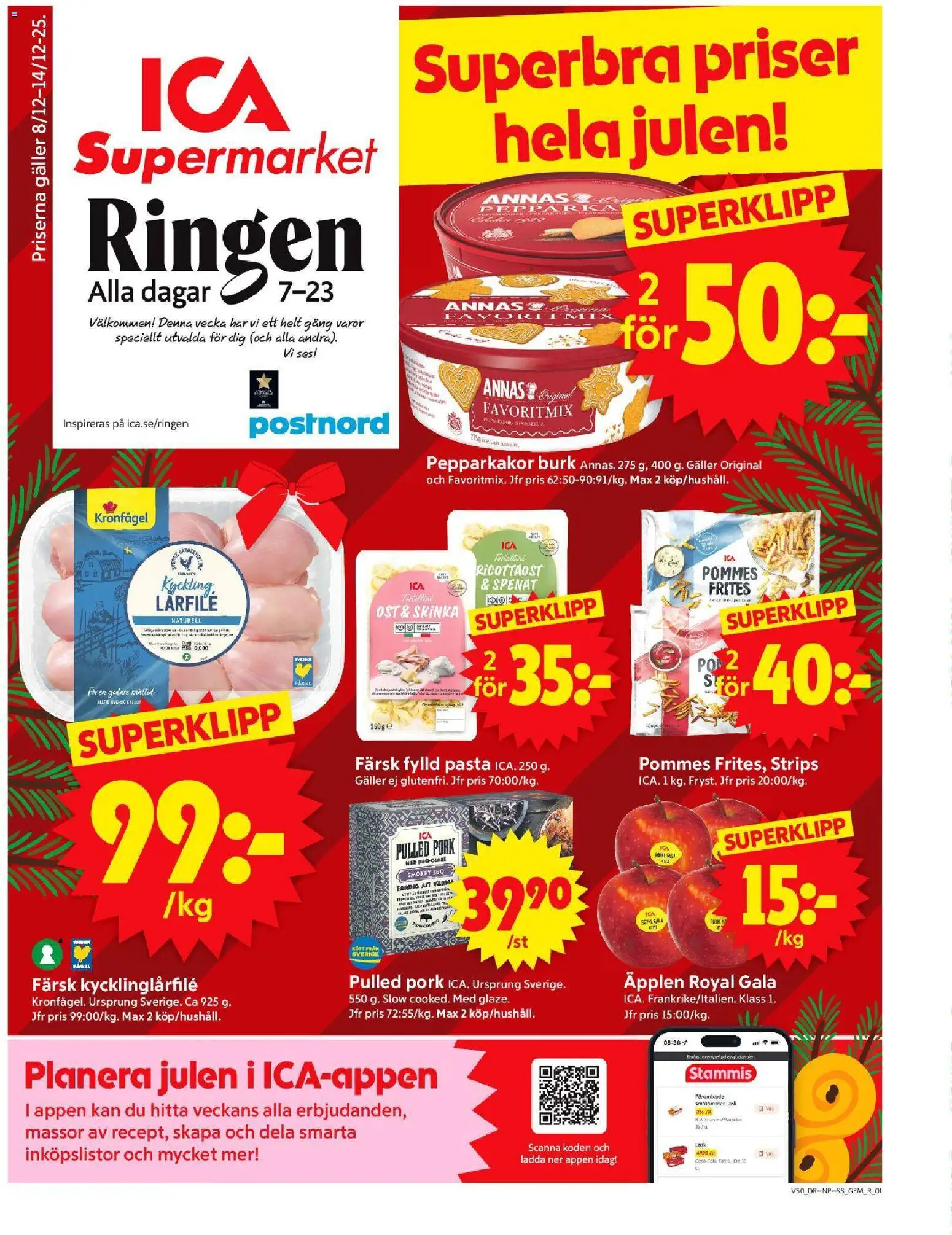 Förhandsgranska reklamblad Stockholm från butik ICA Supermarket gäller från 08/12/2025 - Äpplen, Pasta, Pulled pork, Ost, Galler, Fanta, Spenat, Skinka