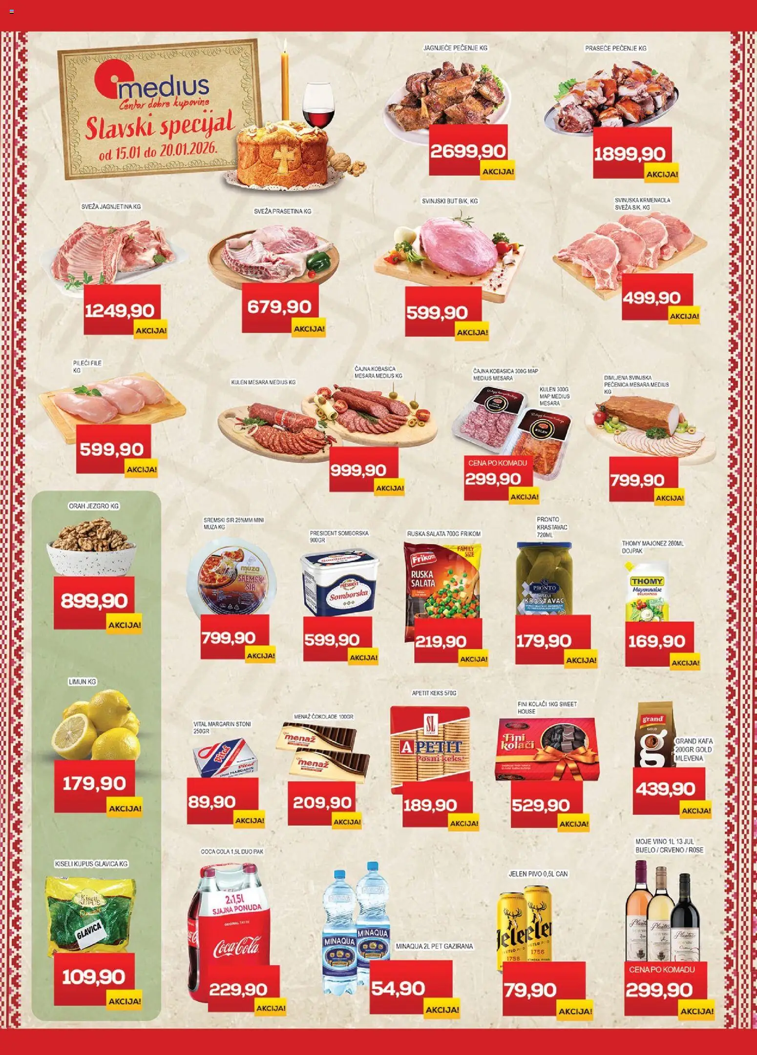 Pregled Medius kataloga - važi od 15.01.2026 - Ruska salata, Kafa, Keks, Salata, Sir, Majonez, Svinjski but, Krmenadla