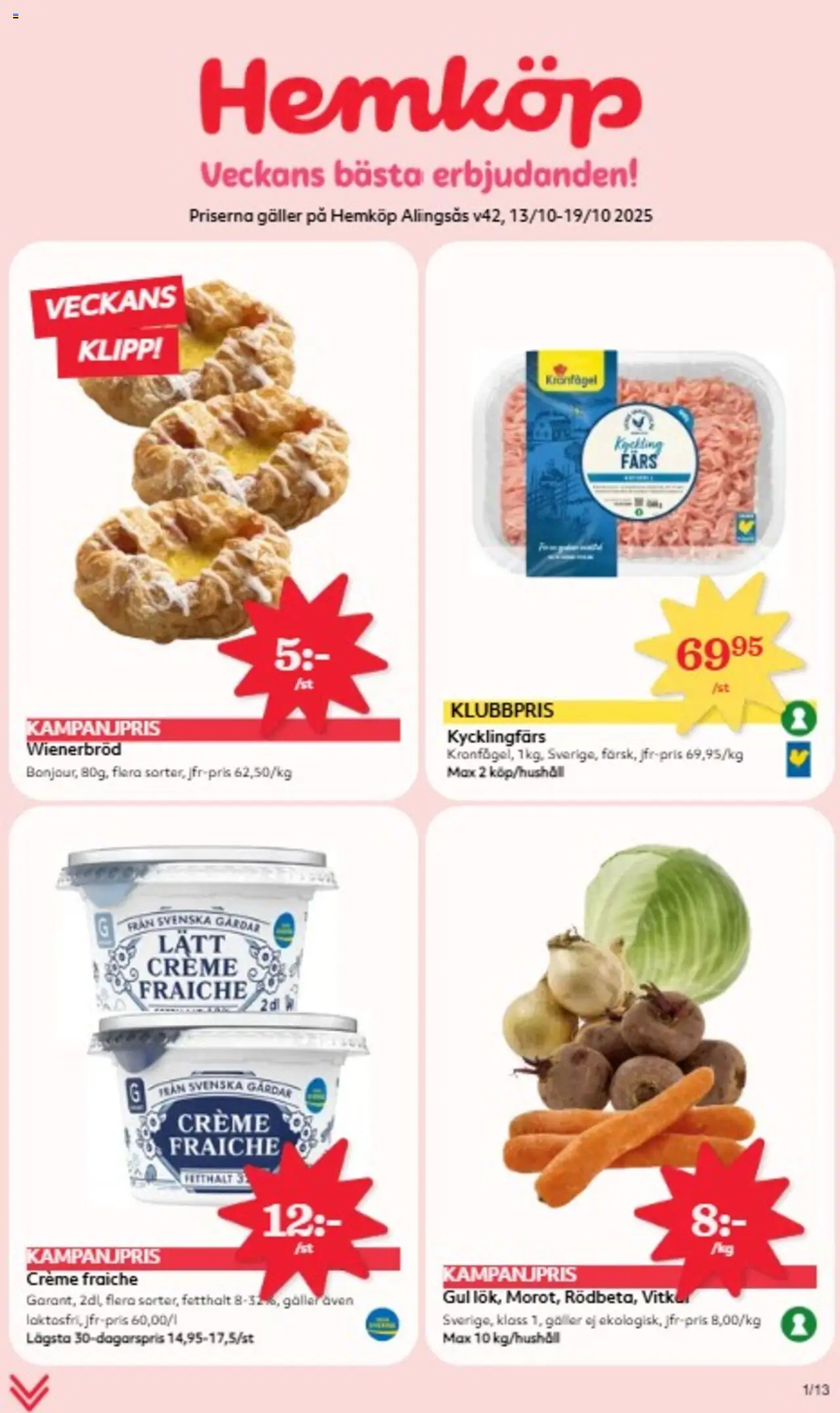 Aktuella reklamblad Hemköp är giltig 13/10 2025 > Veckans Erbjudanden gäller från 13/10/2025 till 19/10/2025 sidnummer 1