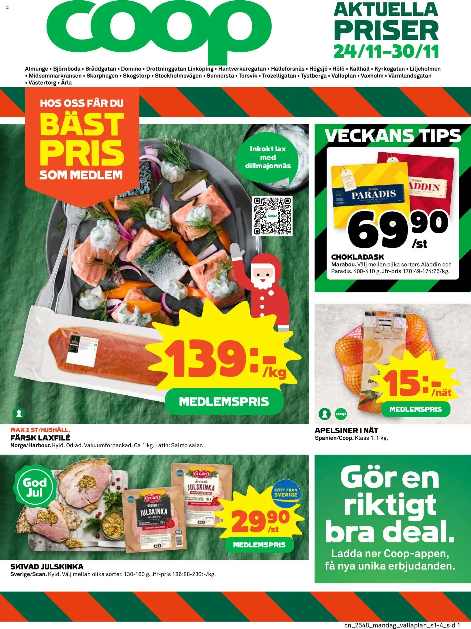 Förhandsgranska reklamblad Almunge från butik Coop gäller från 24/11/2025 - Lax, Kött, Chokladask, Apelsiner, Laxfilé