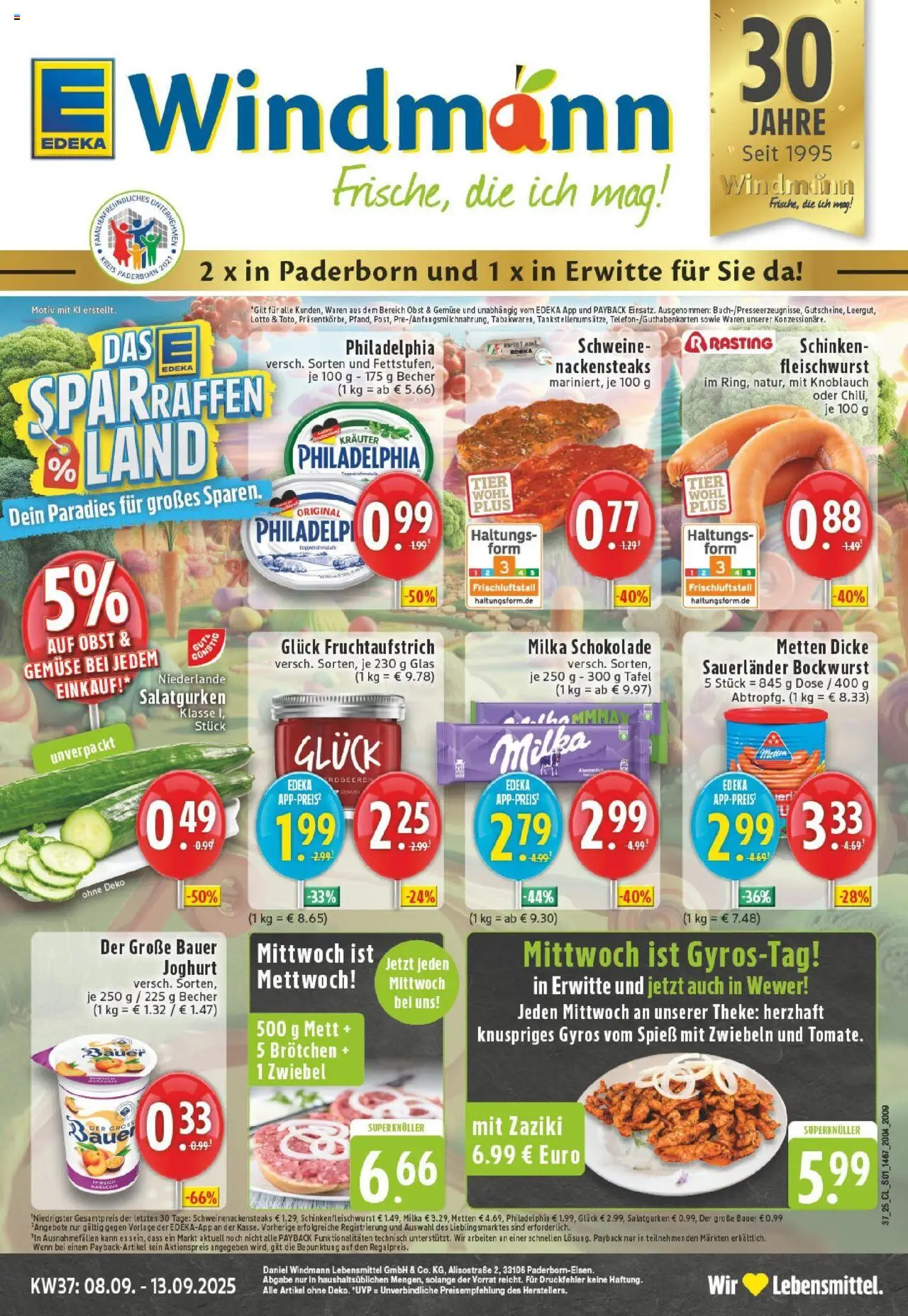 EDEKA Prospekt ab 07.09.2025 - Prospekt Paderborn - Wewer Online - Joghurt, Milka schokolade, Knoblauch, Schinken, Bockwurst, Theke, Zwiebeln, Nackensteaks