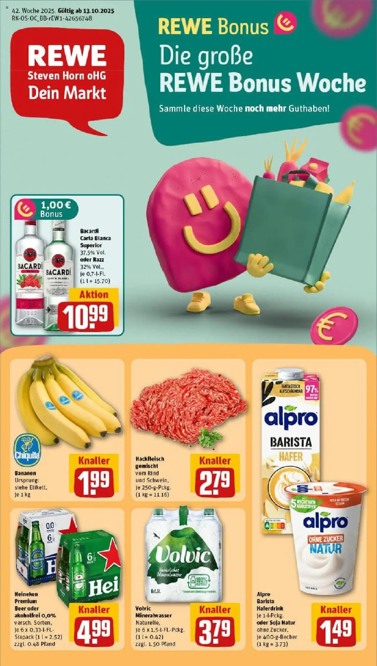 Vorschau von dem Prospekt des Geschäftes Rewe, gültig ab dem 13.10.2025 - Bananen, Mineralwasser, Hackfleisch, Rum, Zucker, Volvic, Alpro, Haferdrink