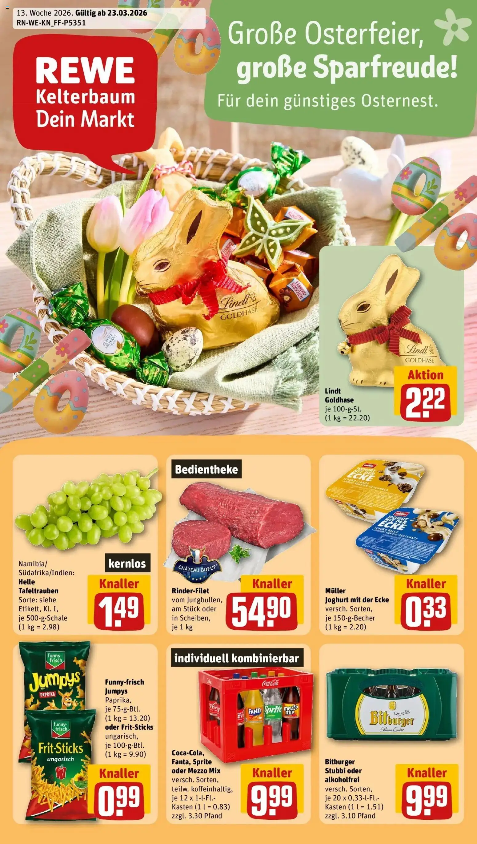 Vorschau von dem Prospekt des Geschäftes Rewe, gültig ab dem 23.03.2026 - Chips, Joghurt, Bananen, Paprika, Rinderfilet, Bitburger, Sprite, Mezzo mix