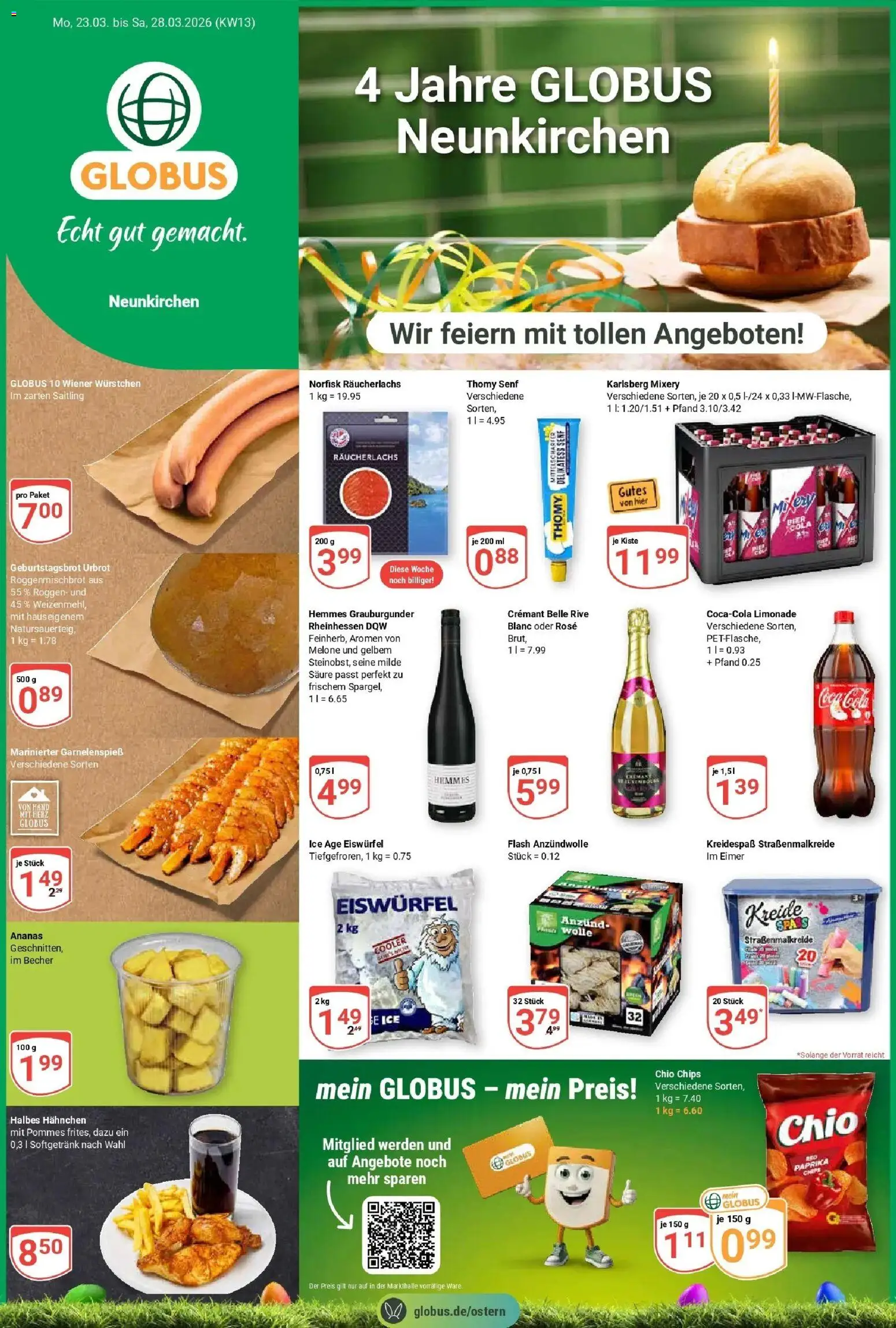 Vorschau von dem Prospekt des Geschäftes Globus, gültig ab dem 23.03.2026 - Chips, Cola, Paprika, Melone, Limonade, Räucherlachs, Hahnchen, Wiener wurstchen
