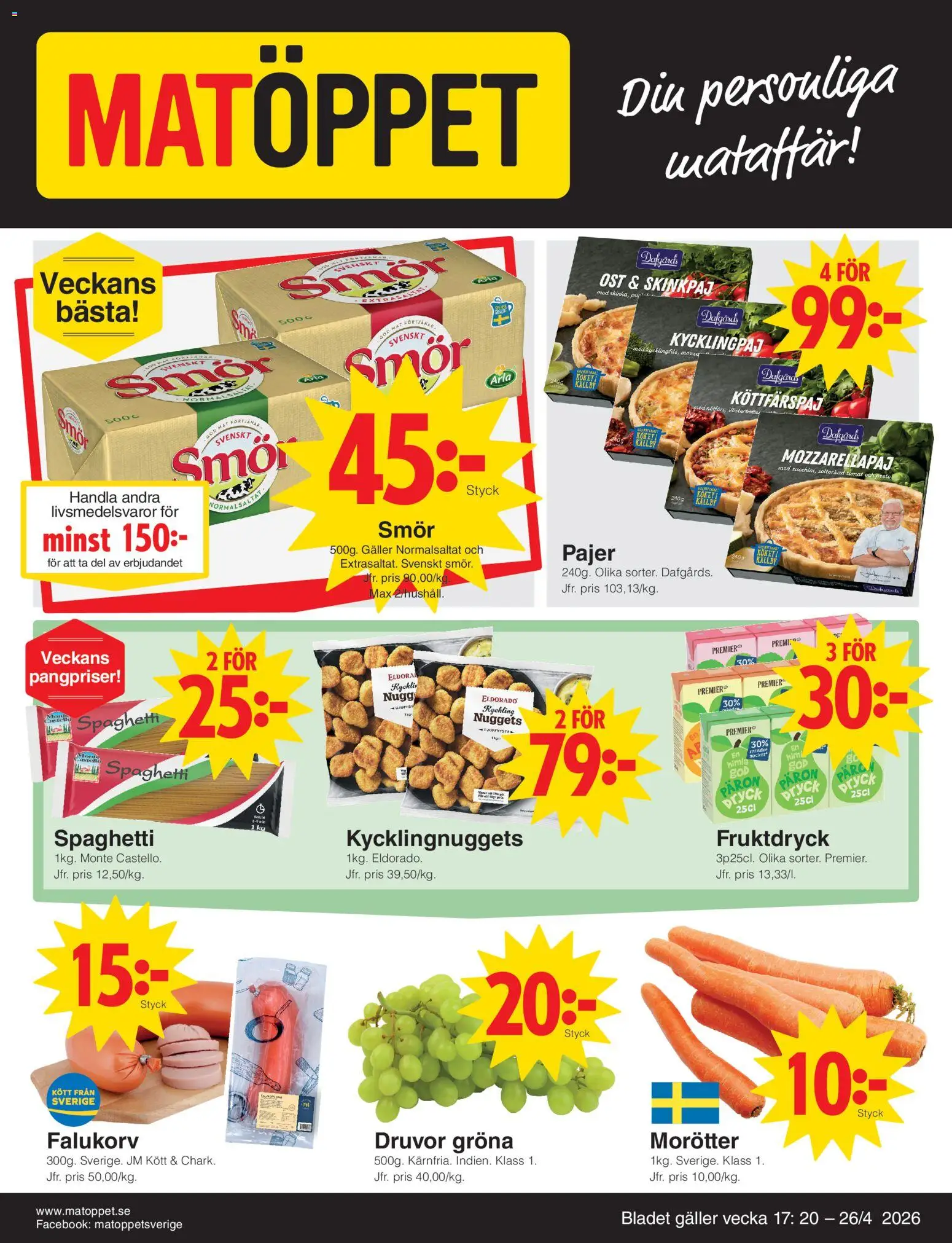 Förhandsgranska reklamblad Matöppet erbjudanden från butik Matöppet gäller från 20/04/2026 - Falukorv, Lax, Ost, Kött, Galler, Spaghetti, Päron, Morötter