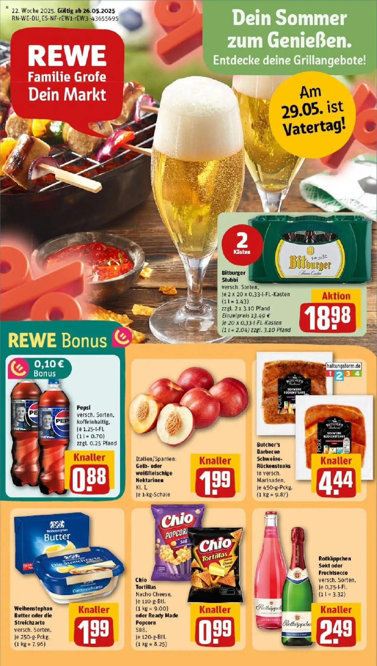 REWE Prospekt ab 25.05.2025 nächste Woche - Prospekt Düsseldorf - Butter, Nektarinen, Sekt, Bitburger, Pepsi, Weihenstephan butter, Fruchtsecco, Chio tortillas
