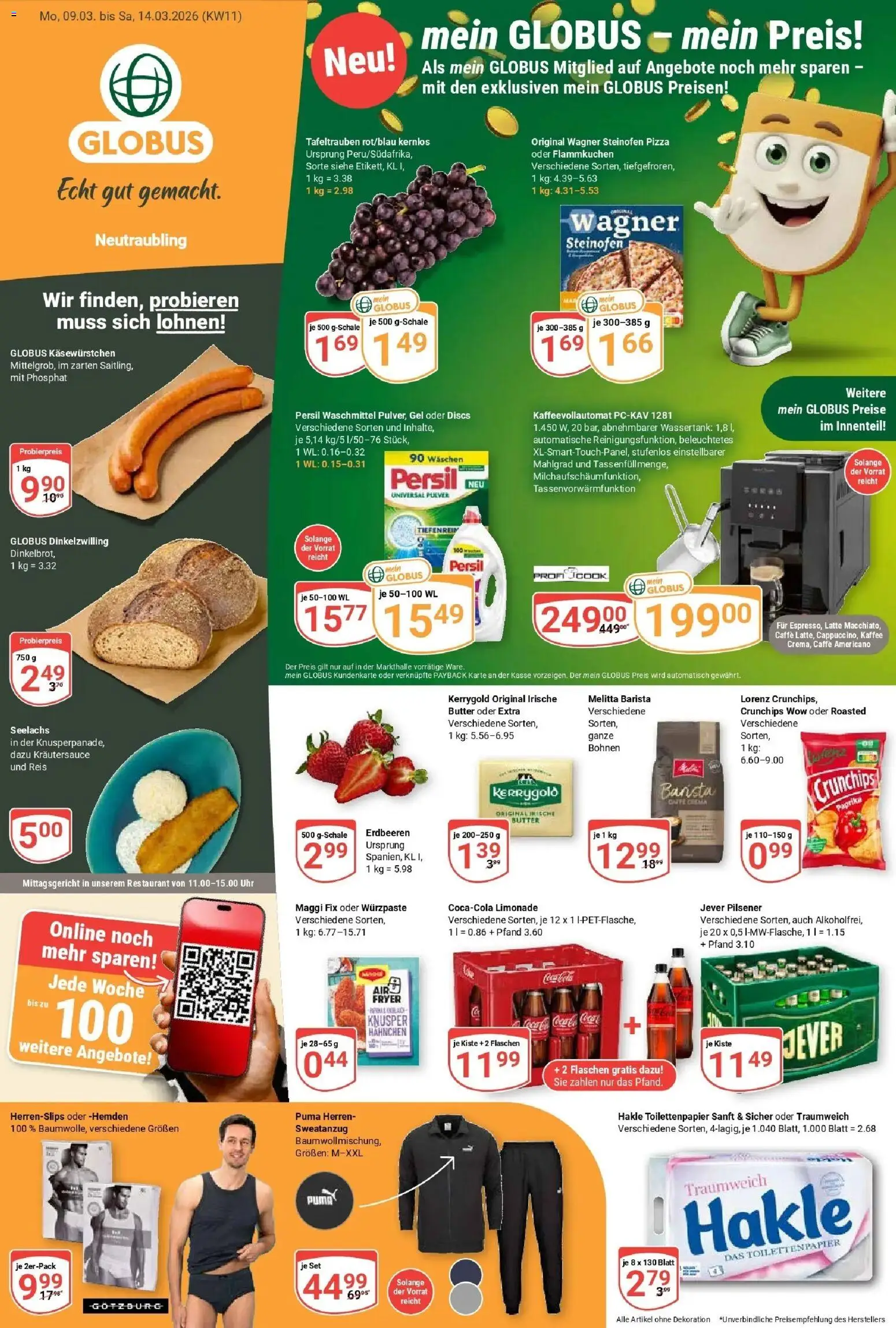 Vorschau von dem Prospekt des Geschäftes Globus, gültig ab dem 09.03.2026 - Pizza, Kaffee, Kaffeevollautomat, Uhr, Maggi, Reis, Waschmittel, Melitta