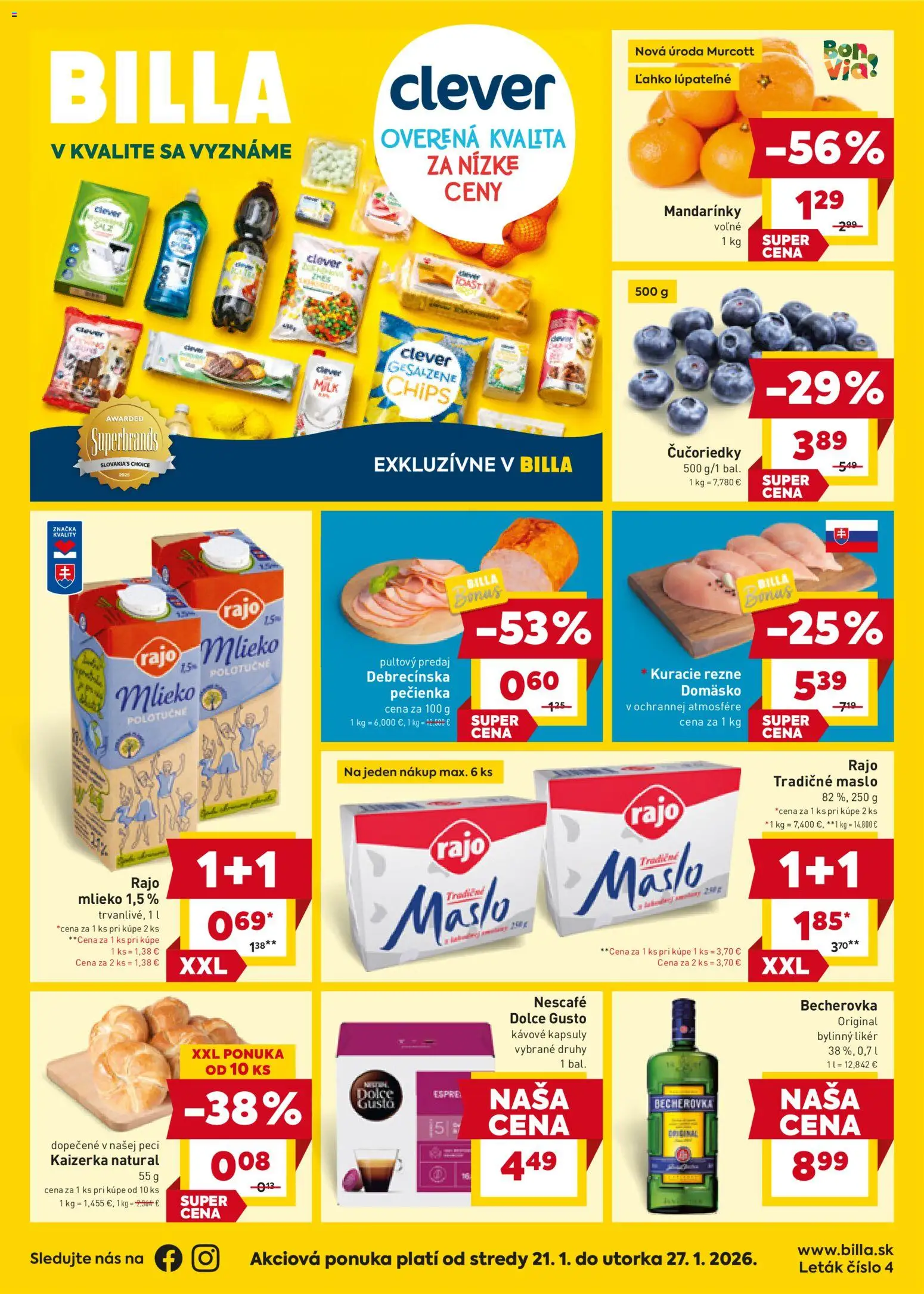 Náhľad Billa letáku platného od 21.01.2026 - Maslo, Dolce Gusto, Čučoriedky, Becherovka, Mlieko, Kuracie rezne, Mandarinky