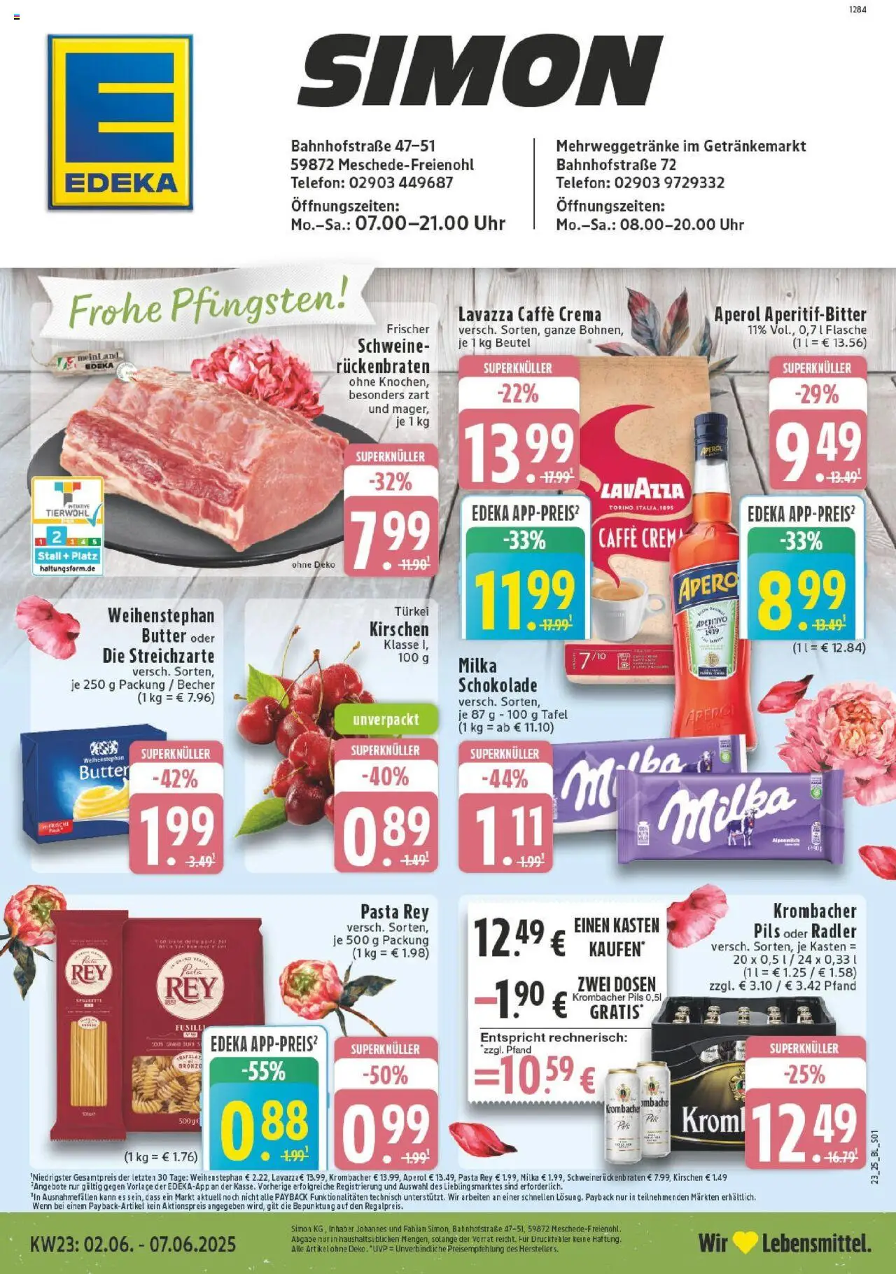 EDEKA Prospekt ab 01.06.2025 - Prospekt Meschede - Freienohl Online - Uhr, Telefon, Pasta, Aperol, Milka schokolade, Krombacher, Kirschen, Weihenstephan butter