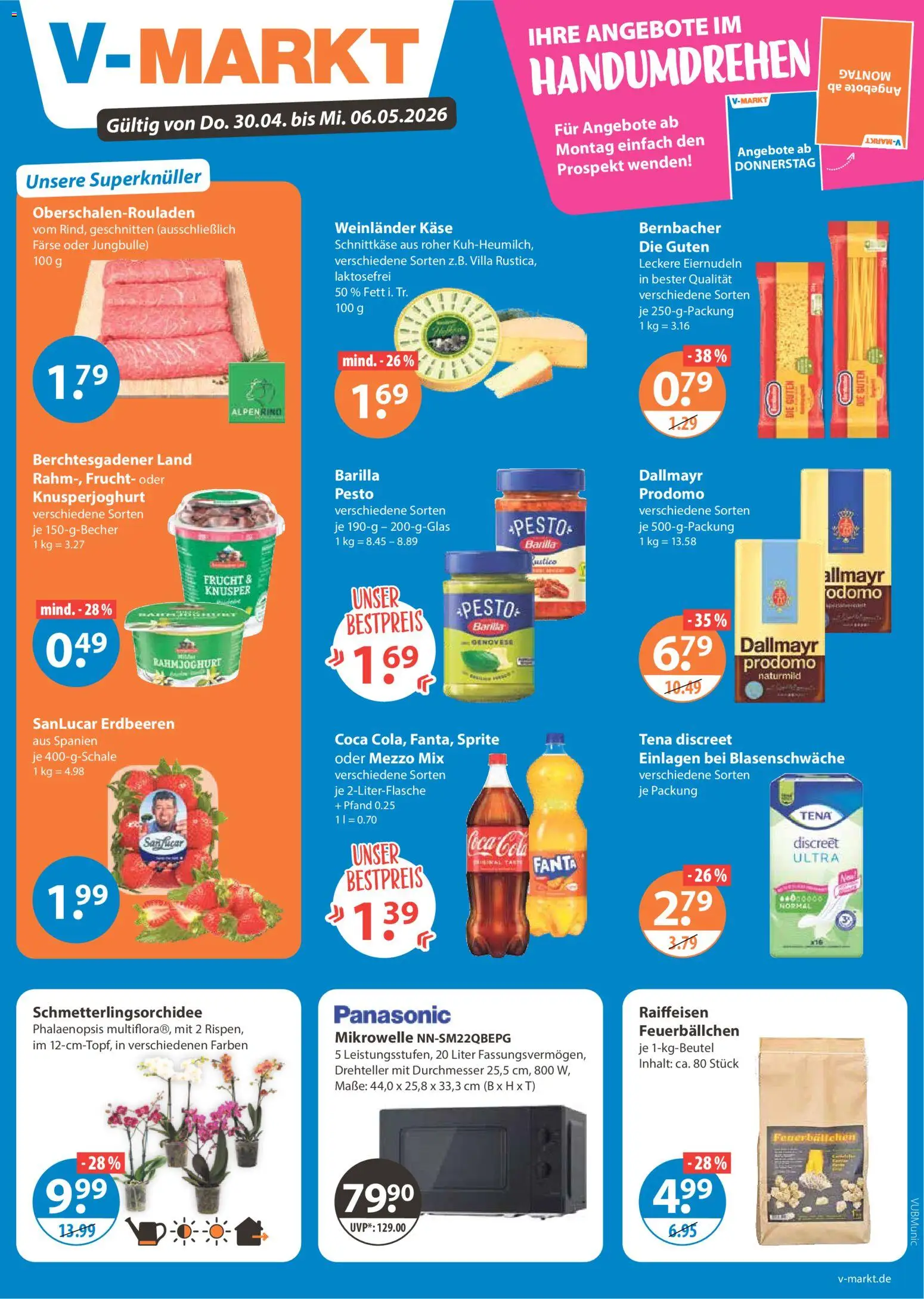 Vorschau von dem Prospekt des Geschäftes V-Markt, gültig ab dem 30.04.2026 - Käse, Mikrowelle, Coca cola, Cola, Fanta, Barilla, Mezzo mix, Oder mezzo mix
