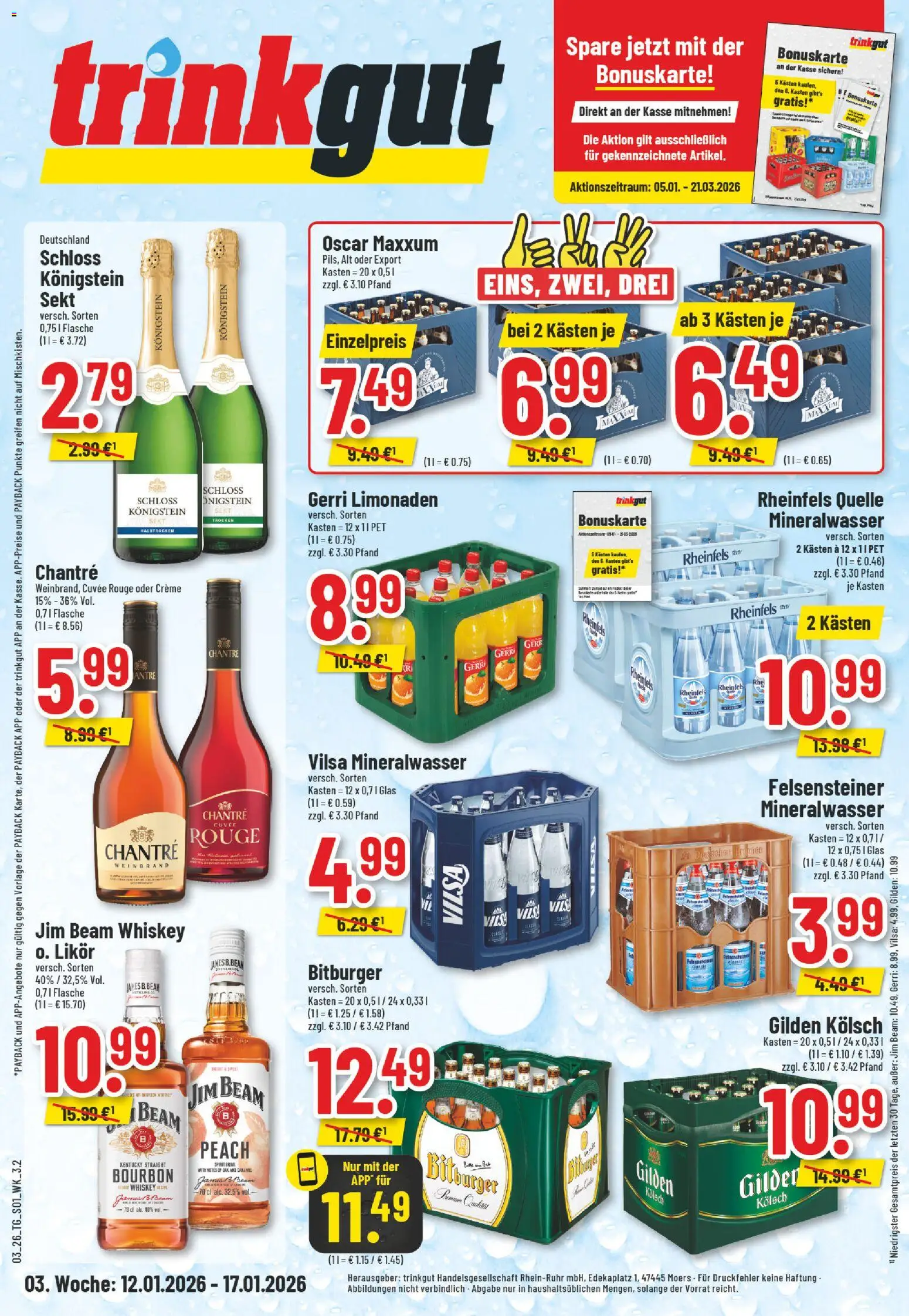 Vorschau von dem Prospekt des Geschäftes Trinkgut, gültig ab dem 12.01.2026 - Whiskey, Jim beam, Sekt, Bitburger, Creme, Bourbon, Rheinfels quelle, Chantré