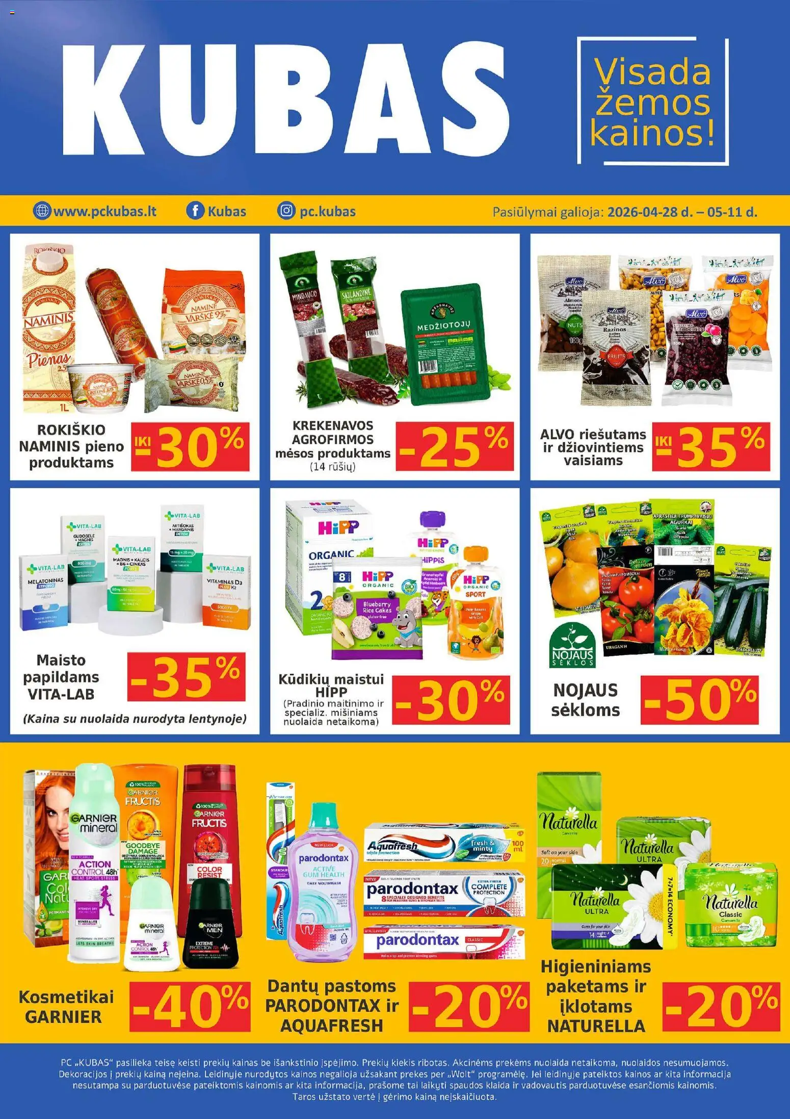 Kubas parduotuvės leidinio Kubas leidinys galiojančio nuo 2026.04.28 peržiūra - Sėklos, Pienas, Varškė, Agurkai, Razinos