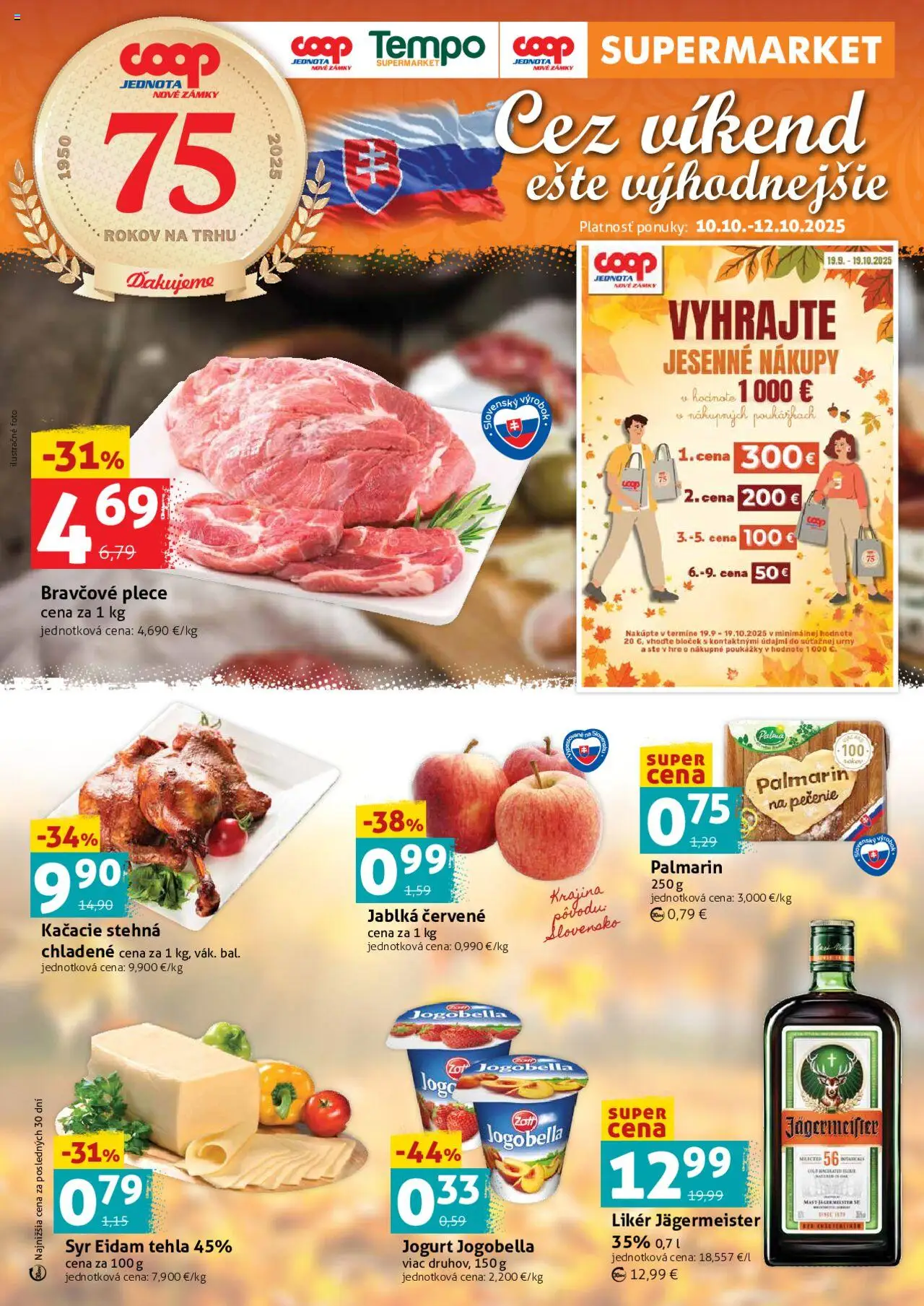 COOP Jednota leták od 10.10.2025 > Cez víkend ešte výhodnejšie online - Syr, Jägermeister, Kačacie stehná, Jogurt, Jablká, Palmarin, Eidam, Bravčové plece