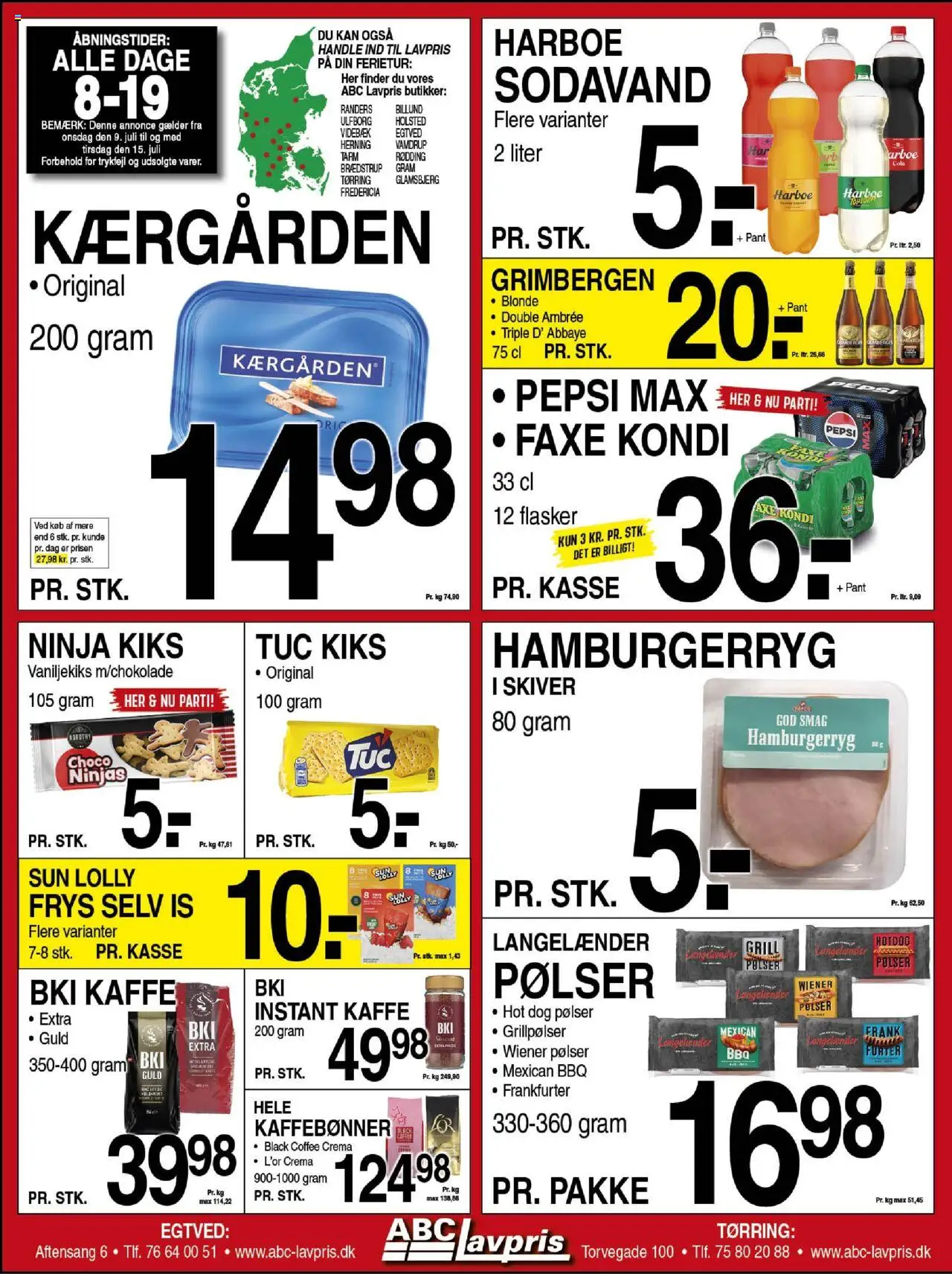 Abc Lavpris tilbudsavis gyldig fra 09/07/2025 - side 1 - Kiks, Pølser, Cookies, Sodavand, Is, Cola, Pepsi, Instant Kaffe