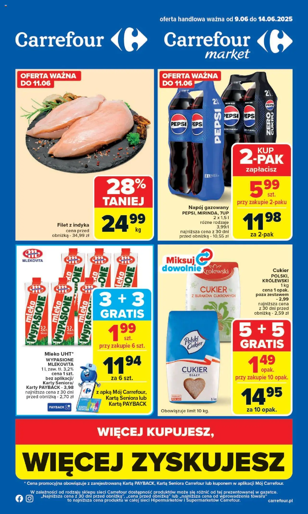 Carrefour Gazetka od 09.06.2025 - Nowa Gazetka - Numer strony 1 - Karta, Pepsi, Filet, Filet z indyka, Mleko, Cukier