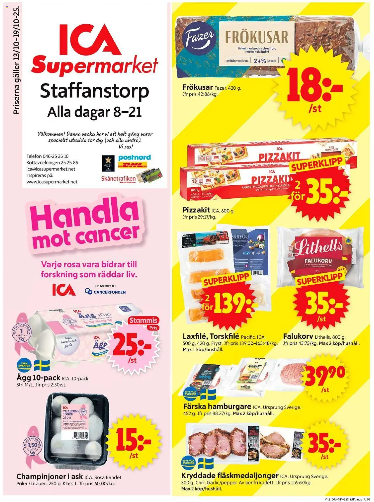 Staffanstorp är giltig 13/10 2025 > Veckans Erbjudanden gäller från 13/10/2025 till 19/10/2025 sidnummer 1 - Hamburgare, Telefon, Pizzadeg, Tomatsås, Champinjoner, Kvarn, Torskfile, Laxfilé