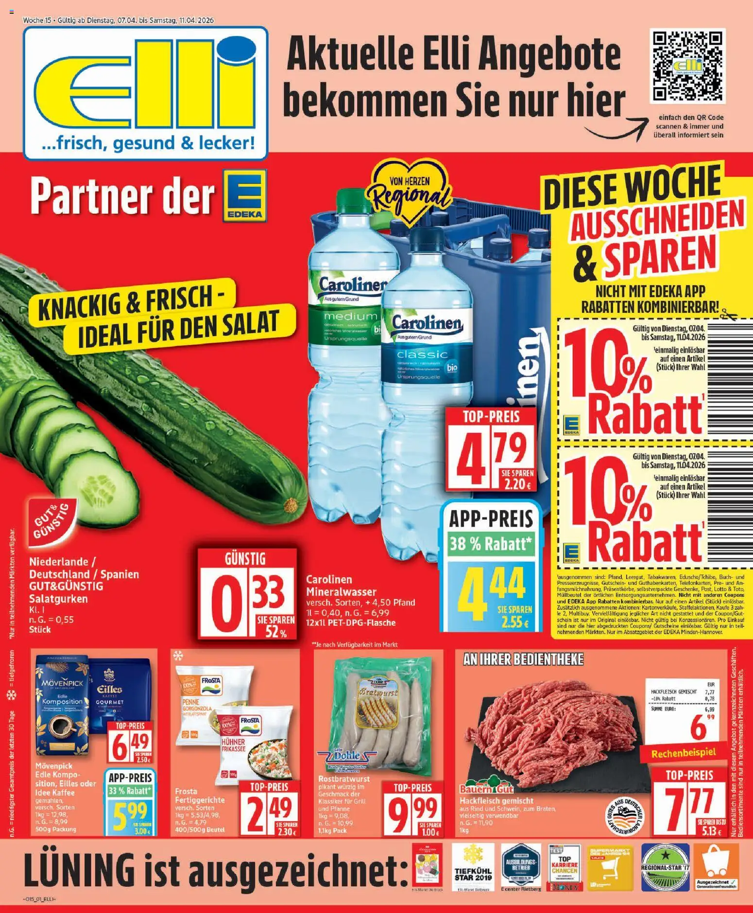 Vorschau von dem Prospekt des Geschäftes Elli Markt, gültig ab dem 07.04.2026 - Kaffee, Grill, Bratwurst, Salat, Mineralwasser, Hackfleisch, Fertiggerichte, Idee kaffee
