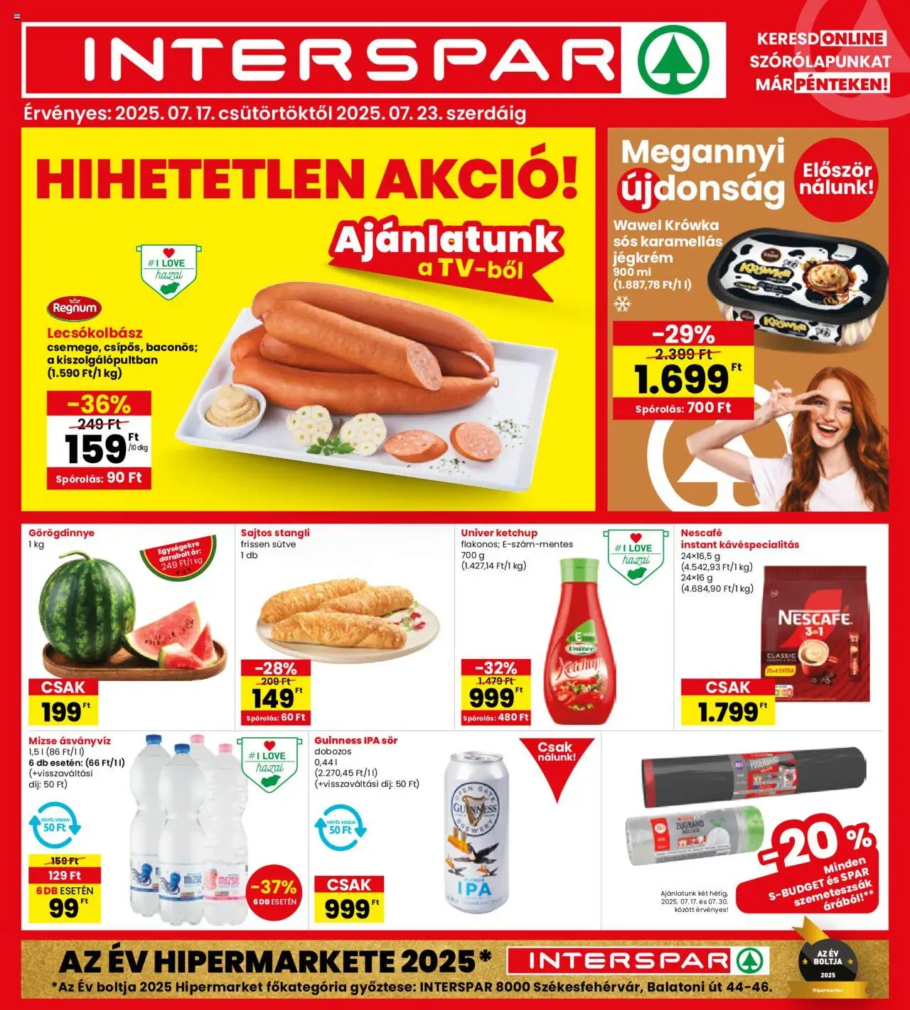 Interspar aktuális szórólap, érvényes 2025.07.17.-től - 1 oldal - Univer, Sör, Görögdinnye, Ketchup, Ásványvíz, Jégkrém, Szemeteszsák, Mizse