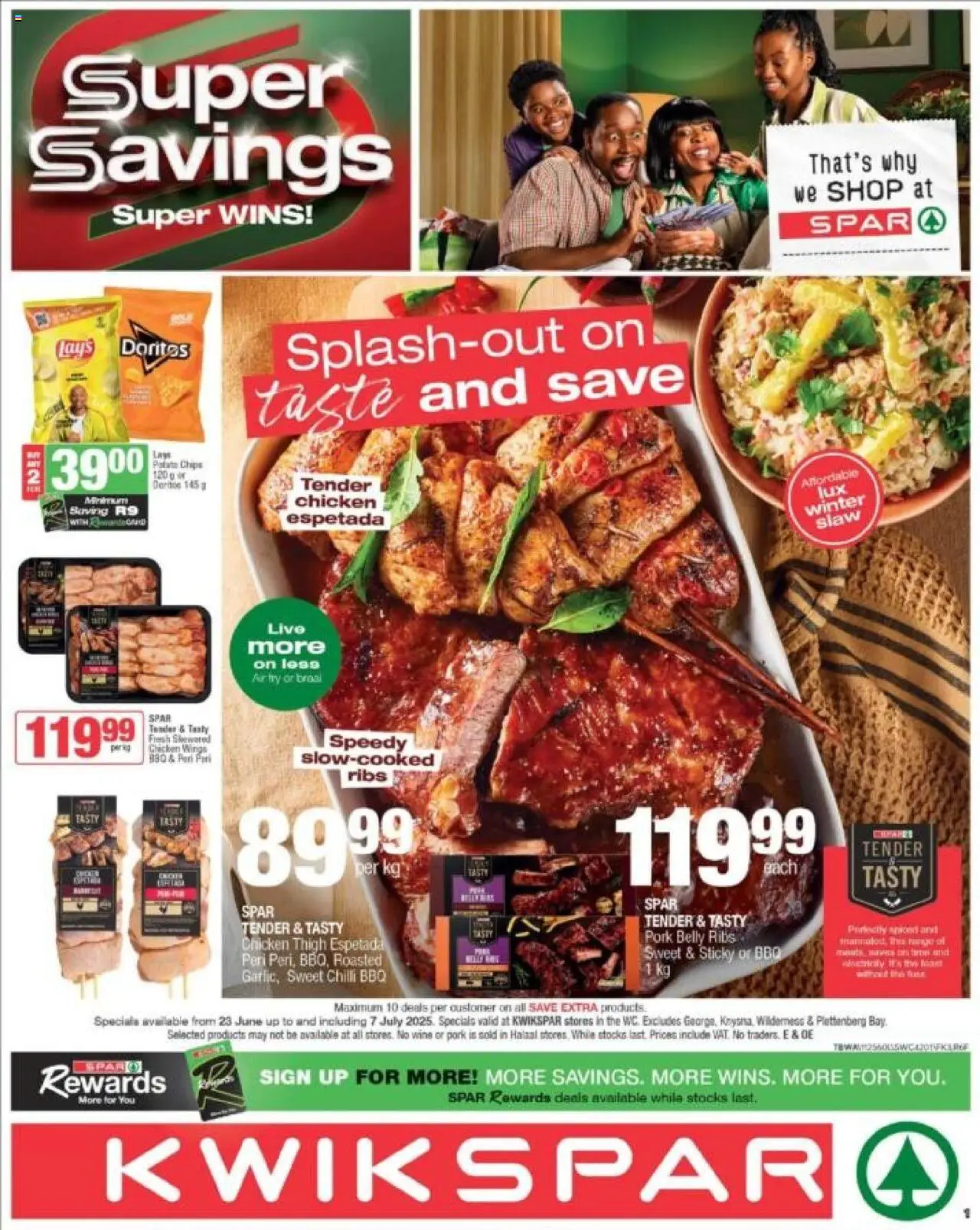 KWIKSPAR Western Cape - Weekly Specials from 23/06 - 07/07/2025 > Promotions - Chicken wings, Pork belly, Ribs, Wine, Chicken, Pork, Chips, Chilli