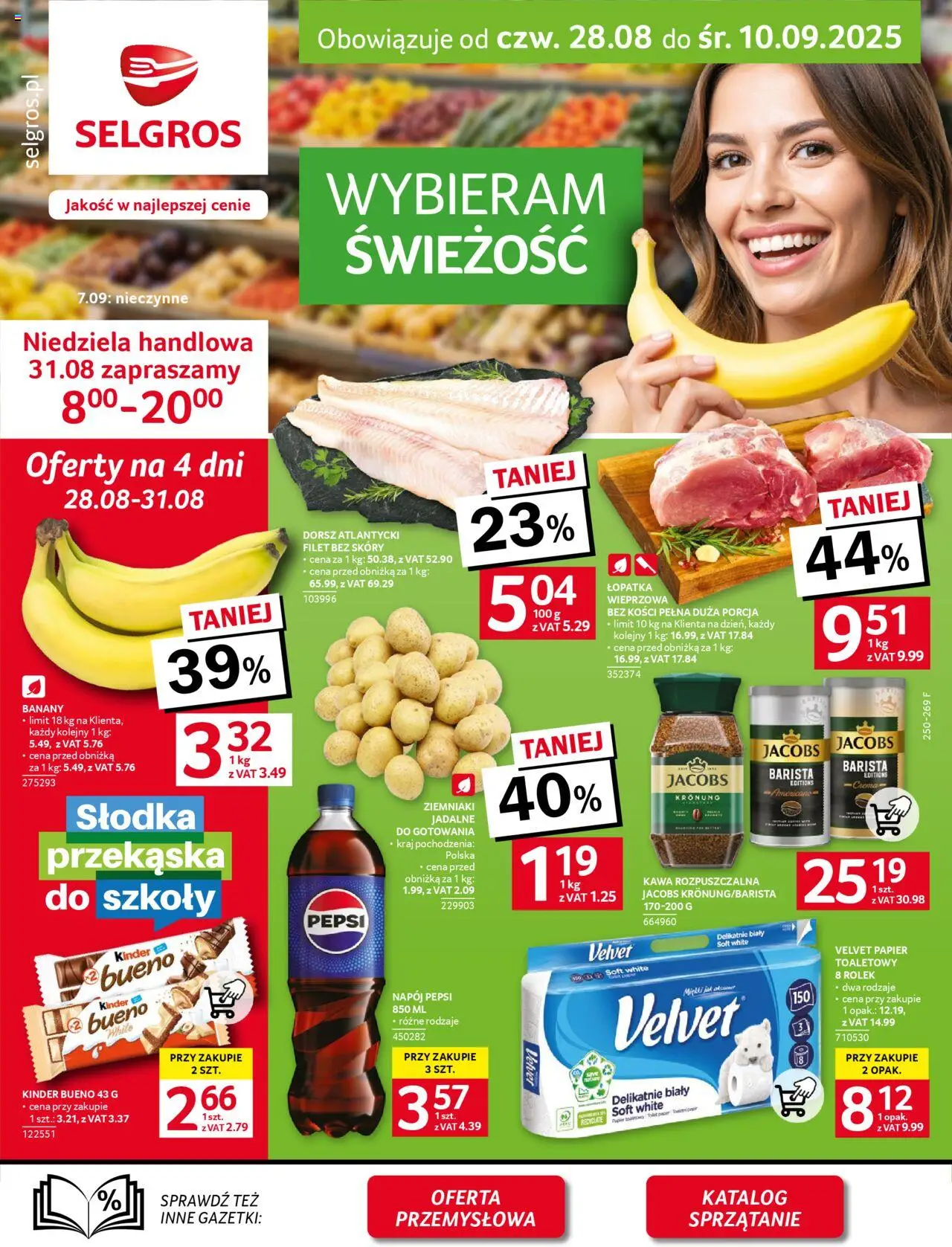 Selgros cash&carry Gazetka od 28.08.2025 - Nowa Gazetka - Numer strony 1 - Kawa, Ziemniaki, Kinder Bueno, Pepsi, Kawa rozpuszczalna, Banany, Filet, Dorsz atlantycki