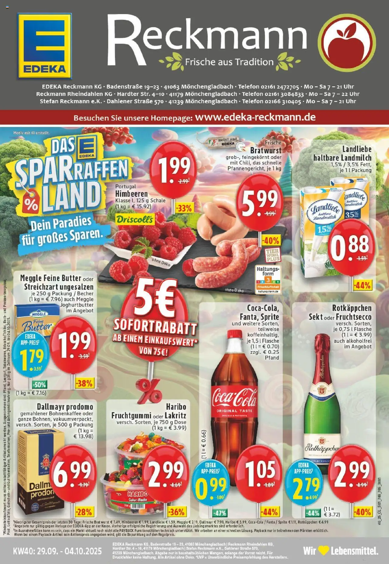 EDEKA Prospekt ab 28.09.2025 - Prospekt Mönchengladbach-Rheydt Online - Uhr, Wurst, Bratwurst, Himbeeren, Sekt, Sprite, Dallmayr prodomo, Rotkappchen sekt