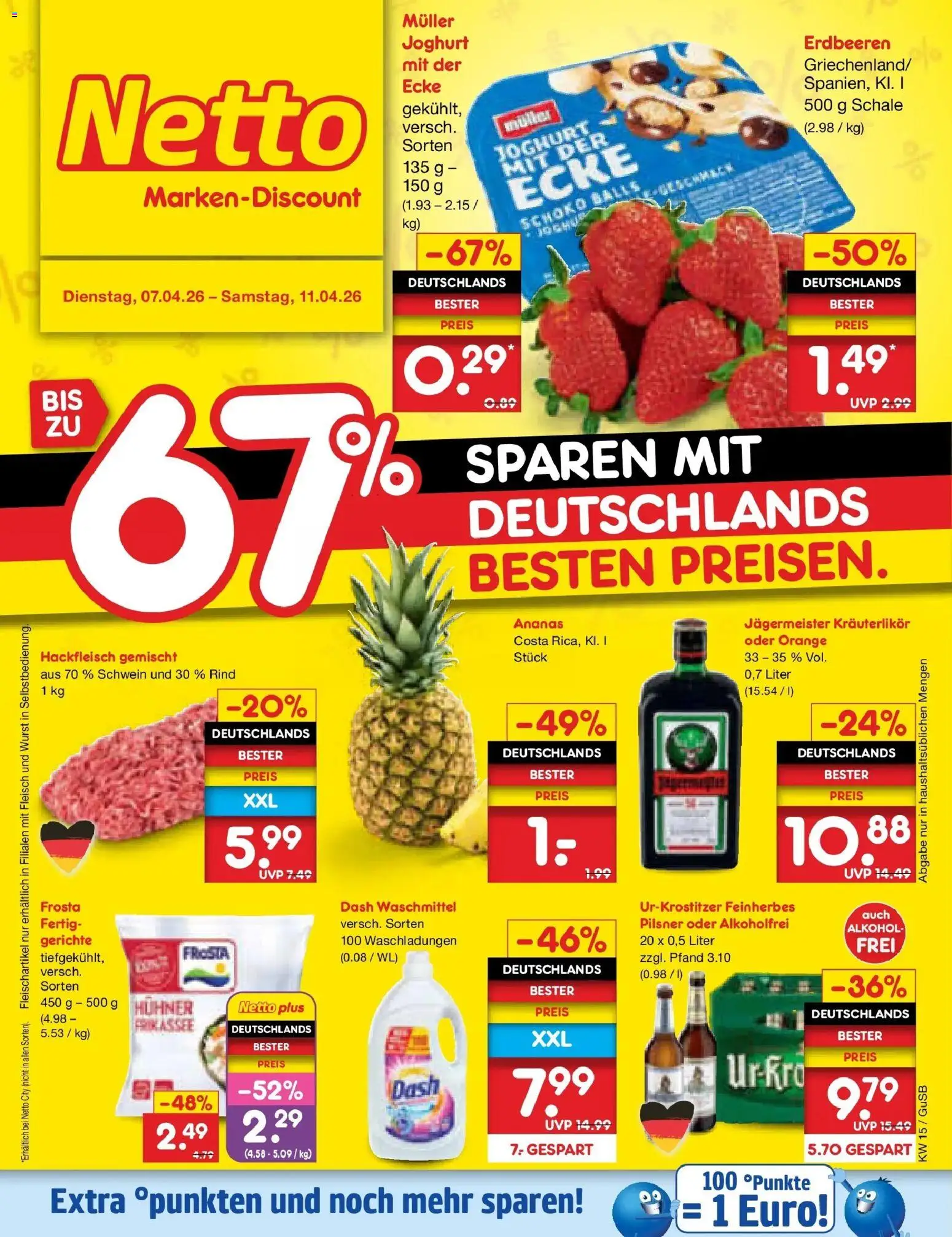 Vorschau von dem Prospekt des Geschäftes Netto Marken-Discount, gültig ab dem 07.04.2026 - Gerichte, Erdbeeren, Joghurt, Jägermeister, Alkohol, Ananas, Hackfleisch, Waschmittel