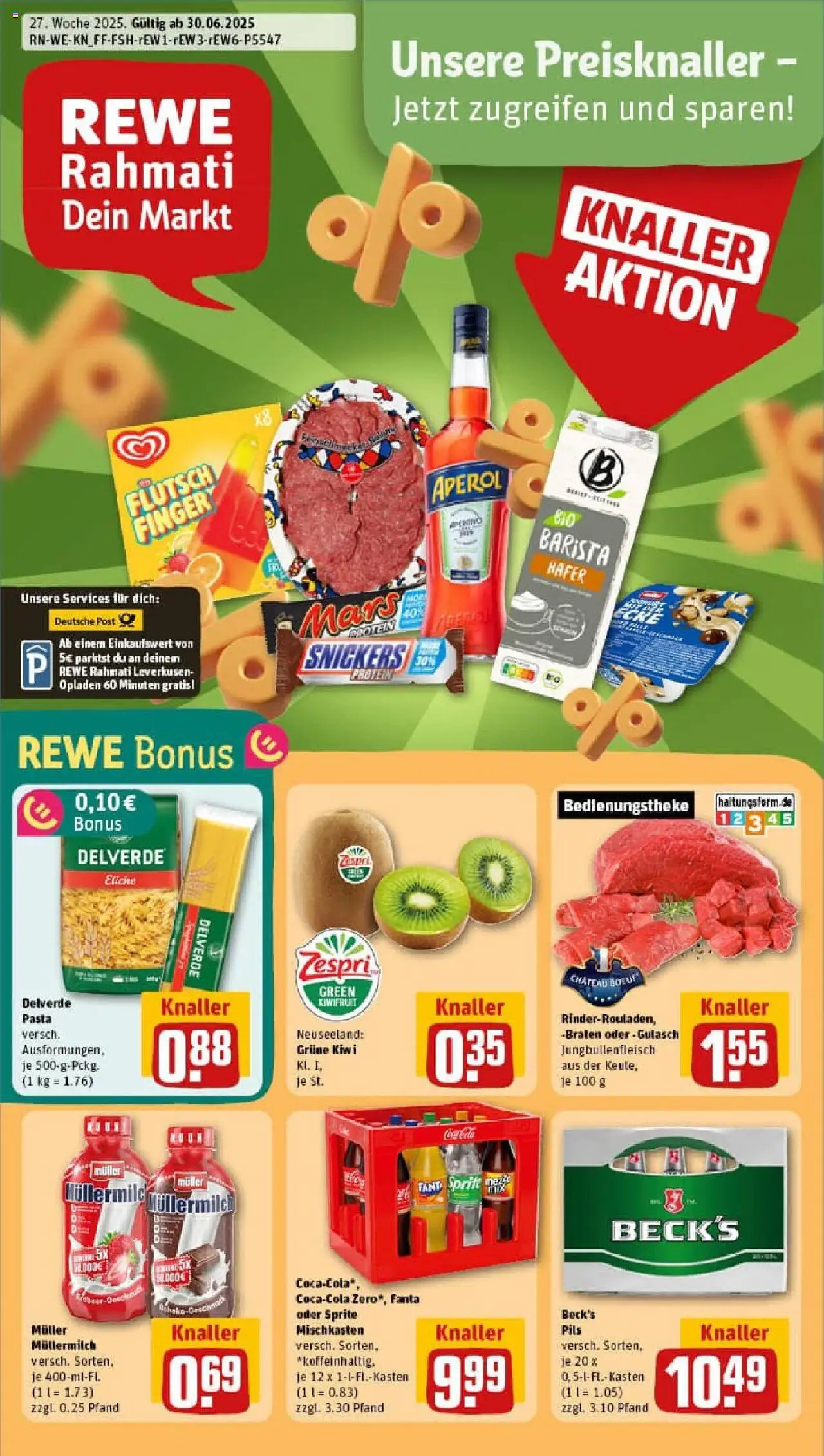 REWE Prospekt ab 29.06.2025 nächste Woche - Prospekt Leverkusen / Opladen - Pasta, Gulasch, Kiwi, Fanta, Müllermilch, Sprite, Pils, Muller mullermilch
