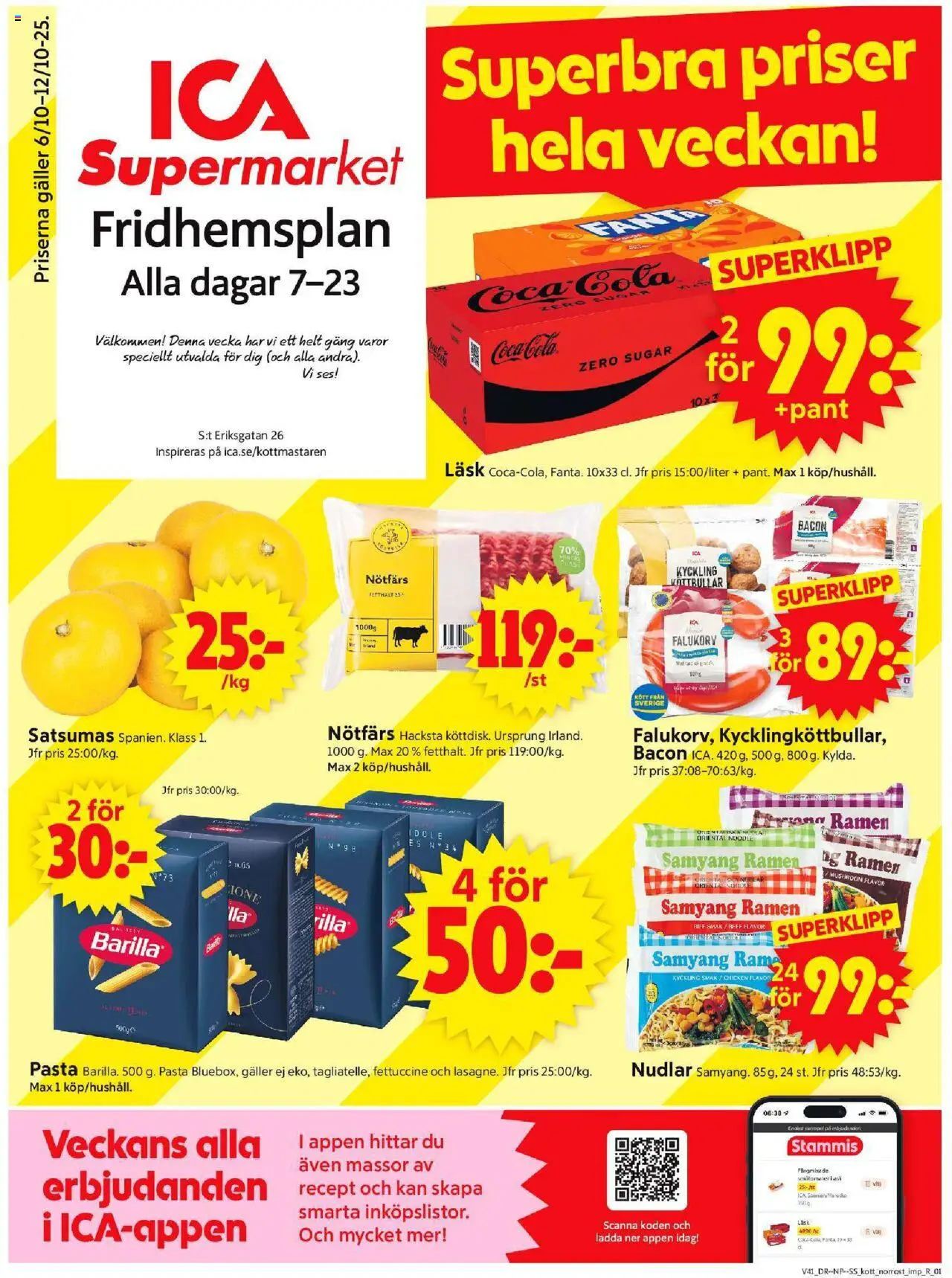 Förhandsgranska reklamblad Stockholm från butik ICA Supermarket gäller från 06/10/2025 - Köttbullar, Pasta, Coca cola, Kött, Bacon, Galler, Nötfärs, Kyckling