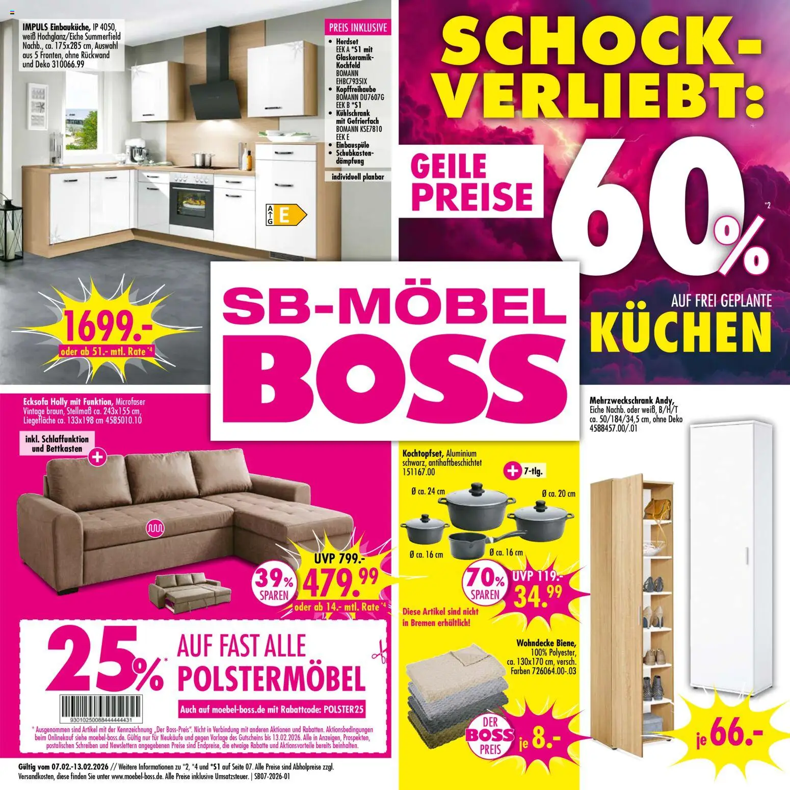 Vorschau von dem Prospekt des Geschäftes SB Möbel Boss, gültig ab dem 07.02.2026 - Kühlschrank, Kuchen, Ecksofa, Kochfeld