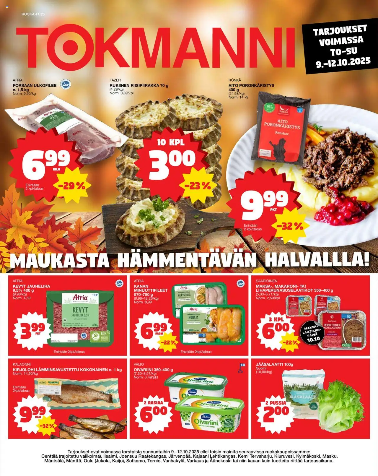Tokmanni-kaupan Ruokatarjoukset voimassa 09/10/2025 - Sivulla 1 - Jauheliha, Kirjolohi, Hunaja, Laatikko, Kokonainen
