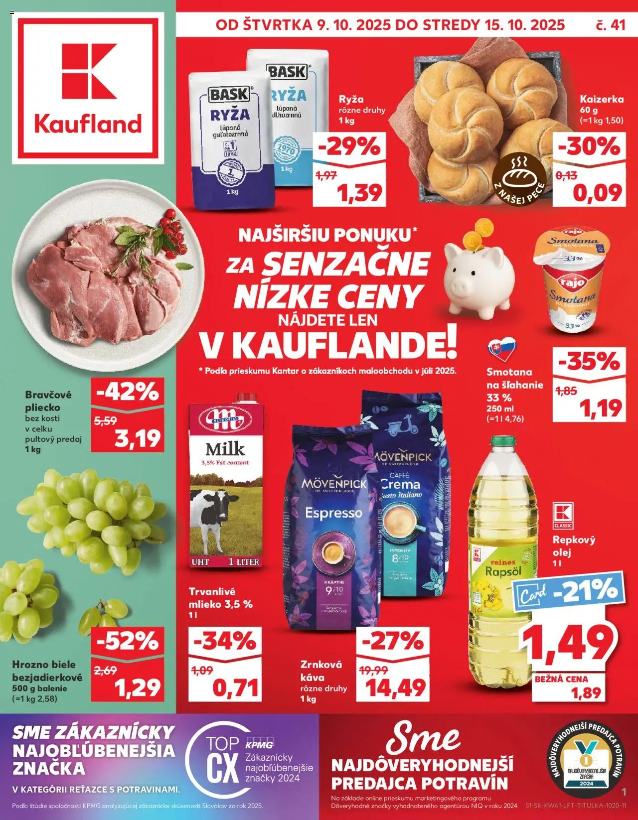 Náhľad Kaufland letáku platného od 09.10.2025 - Káva, Olej, Mlieko, Ryža, Hrozno, Repkový olej, Trvanlivé mlieko, Mlieko 3,5 %