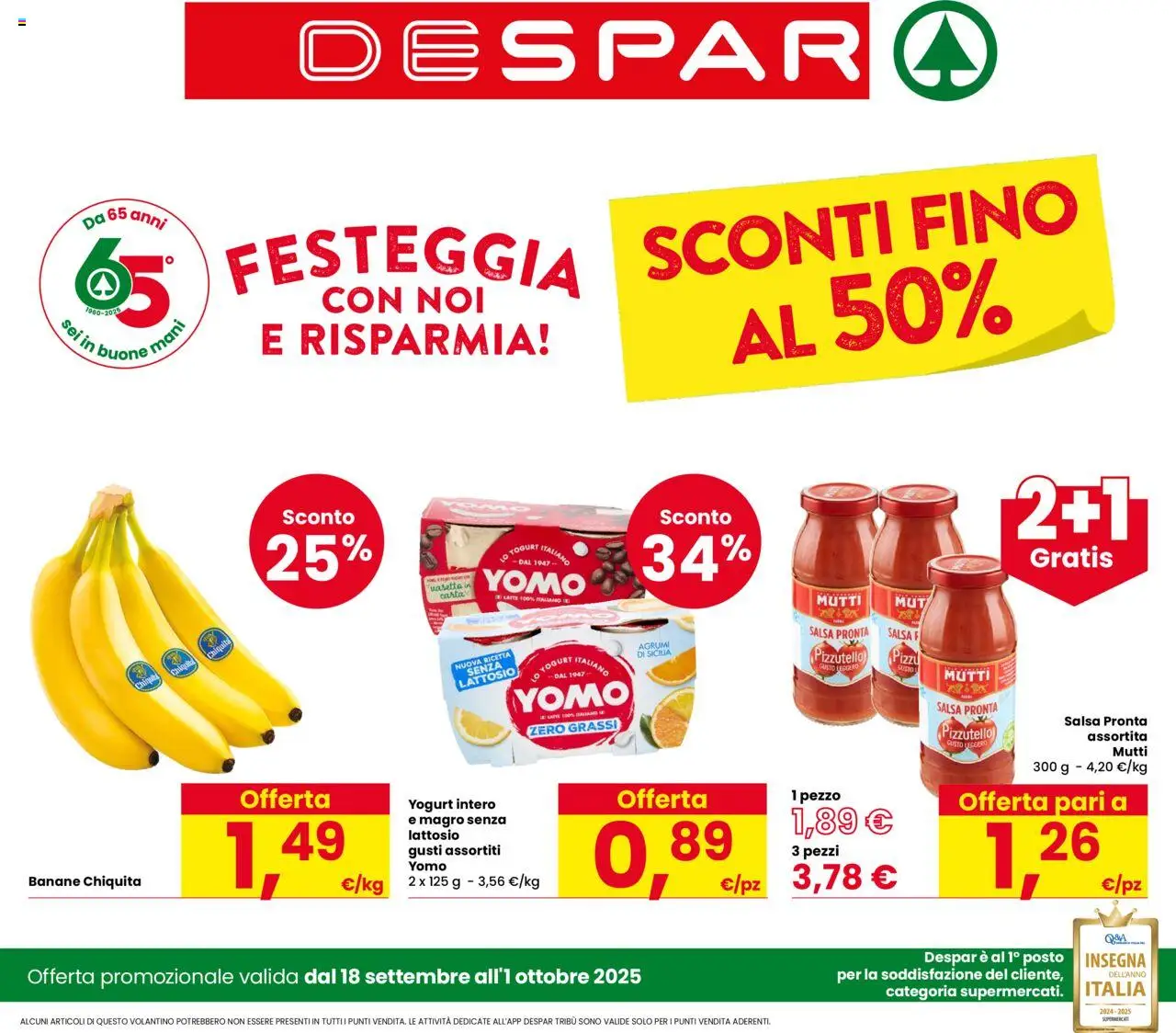 Volantino Despar valido da 18/09/2025 numero di pagina 1 - Latte, Yogurt, Salsa, Mutti, Banane, Mutti salsa