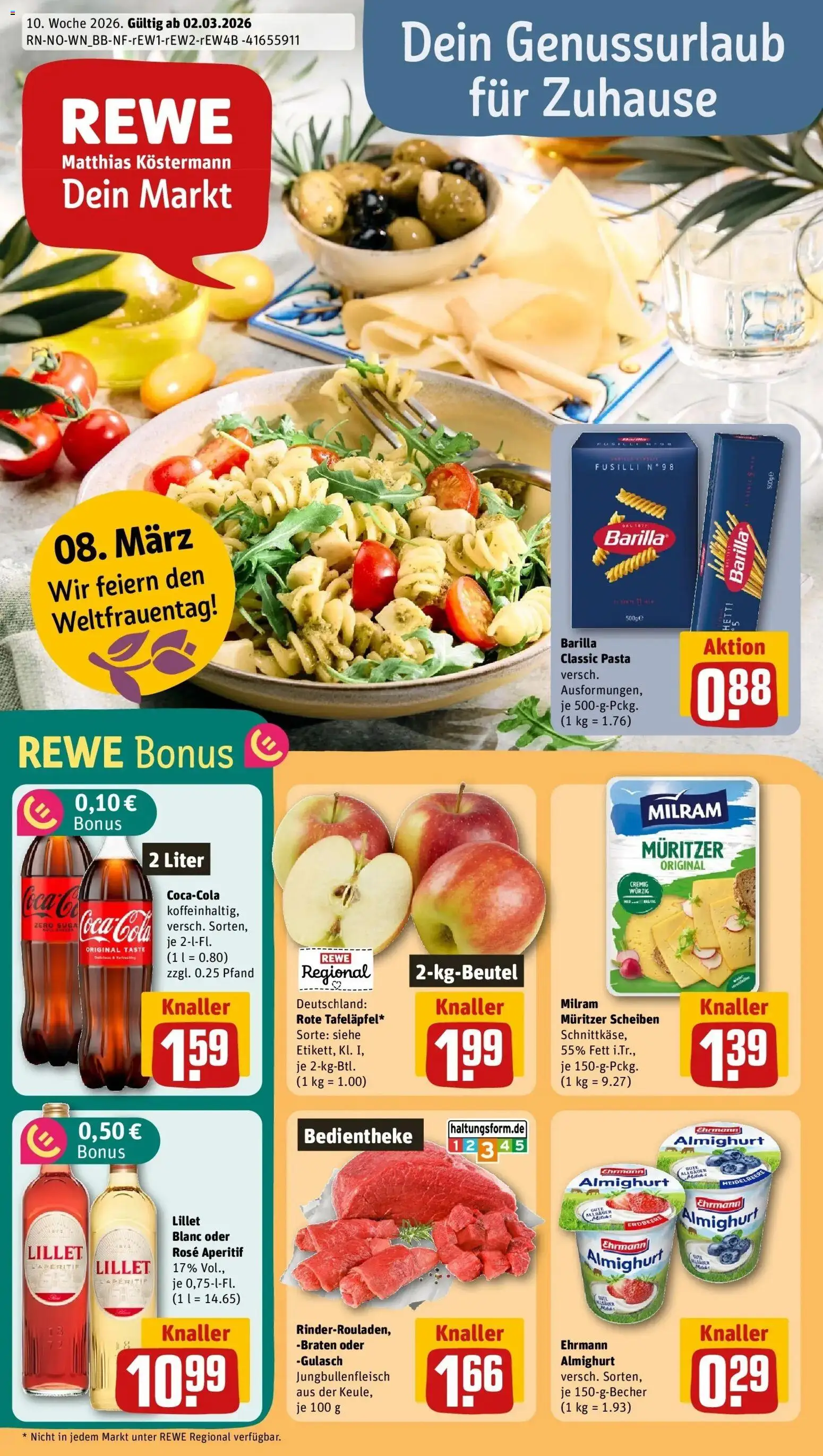 Vorschau von dem Prospekt des Geschäftes Rewe, gültig ab dem 01.03.2026 - Lillet, Pasta, Gulasch, Barilla, Milram, Ehrmann almighurt