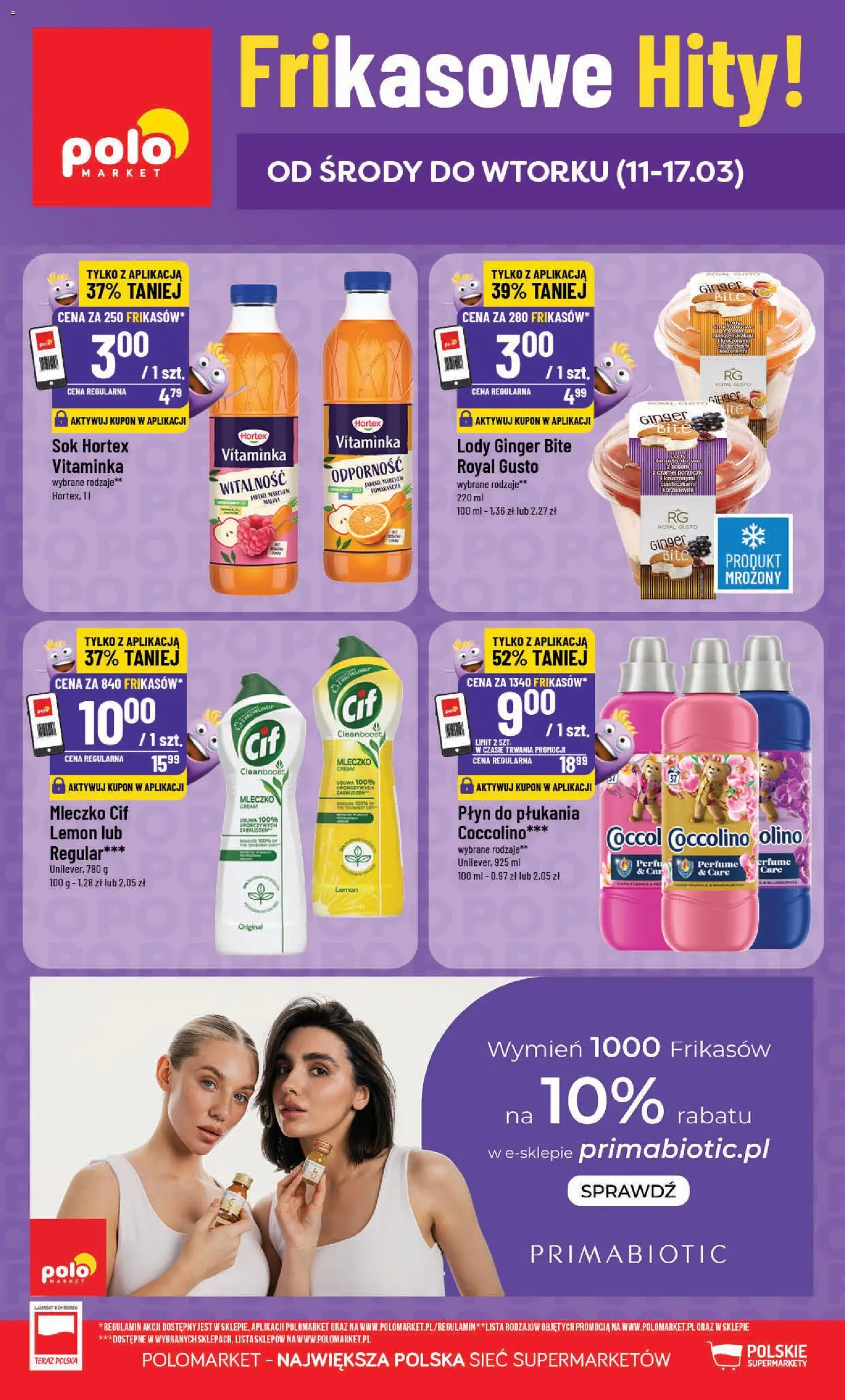Pogląd gazetki "POLOmarket gazetka - Frikasowe Hity" ze sklepu POLOmarket ważnej od 11.03.2026 - Lody, Marchew, Płyn do płukania, Sok, Coccolino, Cif mleczko
