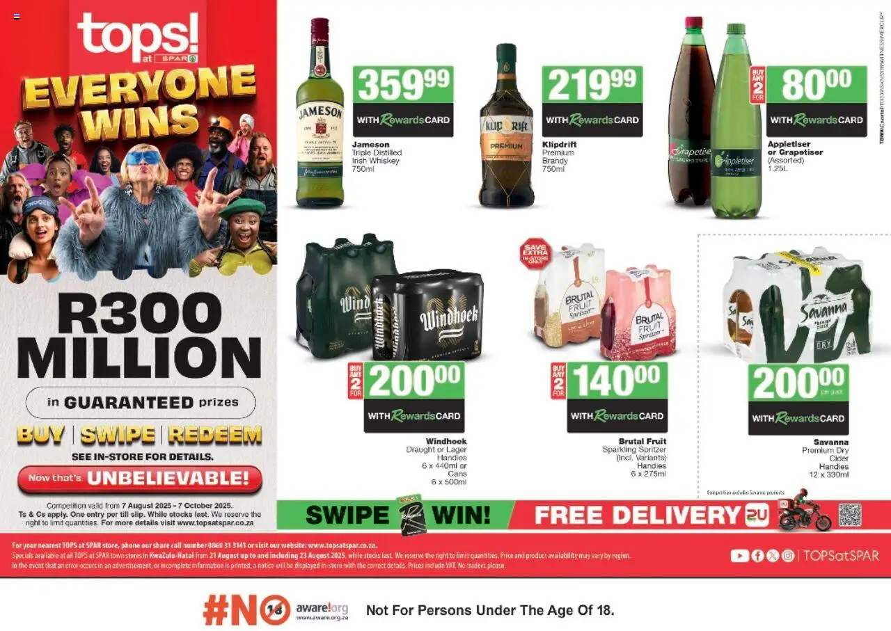 Tops at Spar Kwazulu Natal - Everyone Wins Specials from 21/08 - 23/08/2025 > Promotions