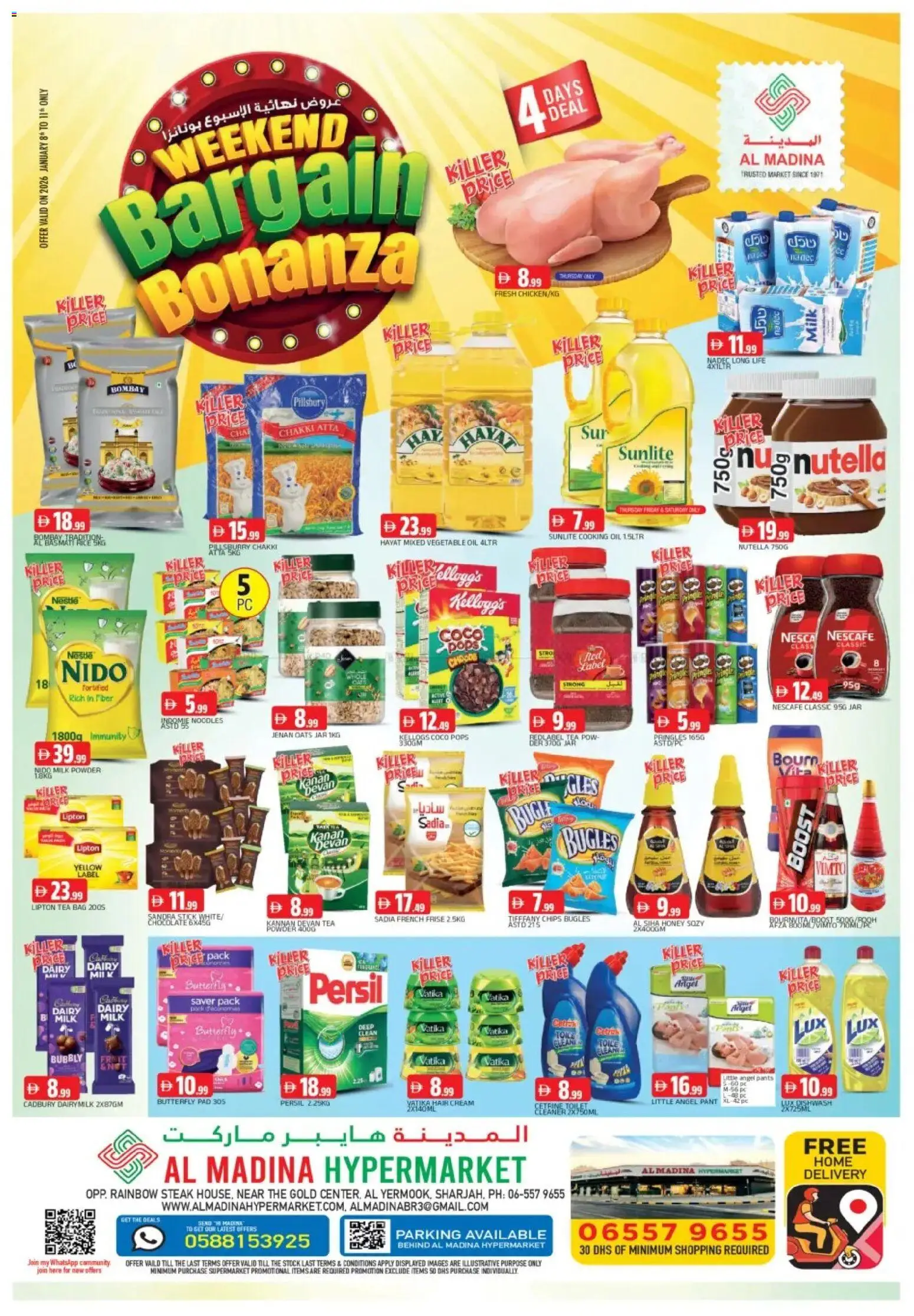 Preview of the catalogue Weekend Deals - Al Yermook, Sharjah of store Al Madina valid from 8 Jan, 2026 - Chocolate, Steak, Tea, Noodles, Milk, Chips, Oil, Cream