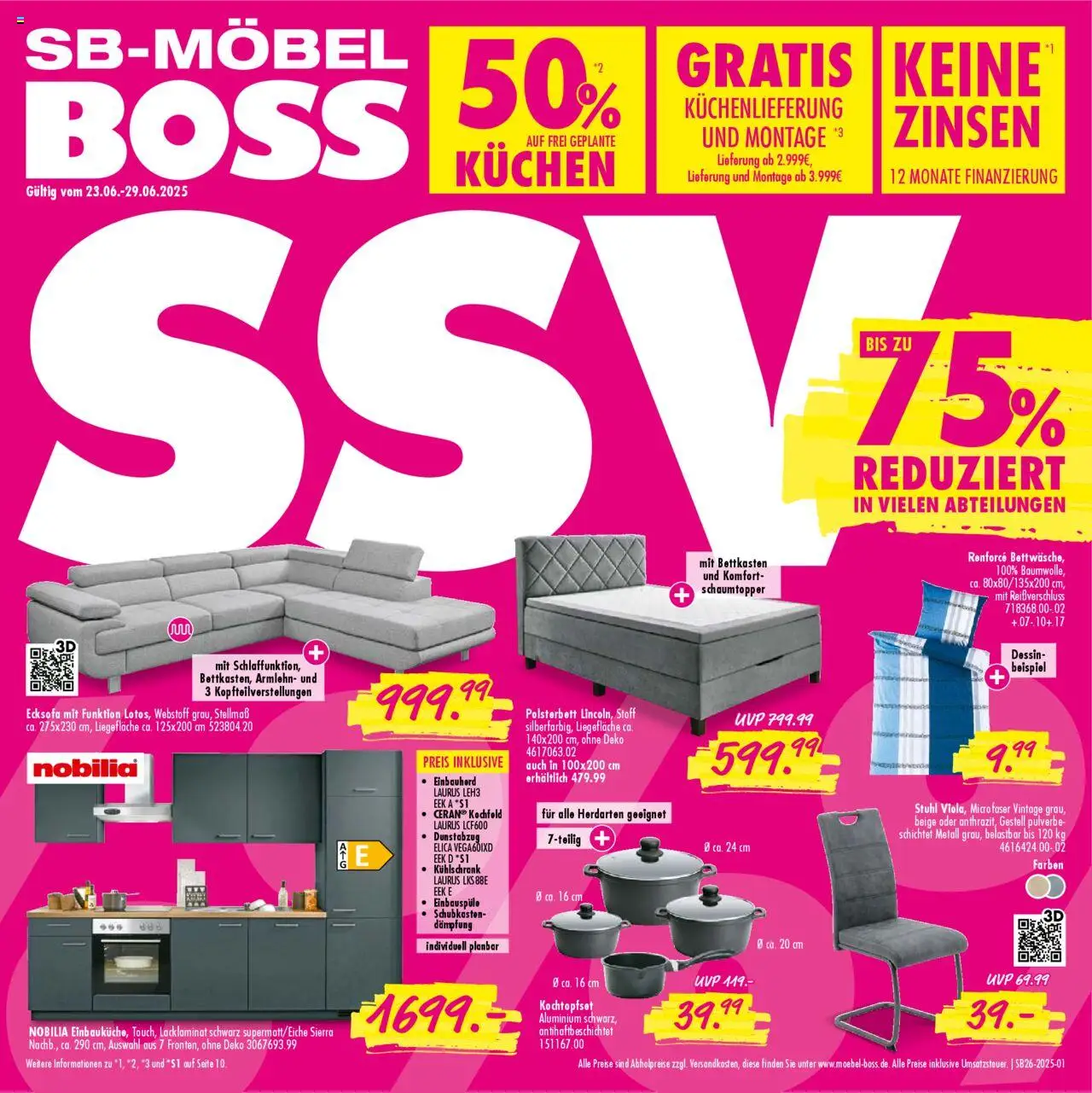 SB Möbel Boss Prospekt (vom 23.06.2025 - 29.06.2025) - Kühlschrank, Kuchen, Ecksofa, Stuhl, Polsterbett, Kochfeld, Dunstabzug