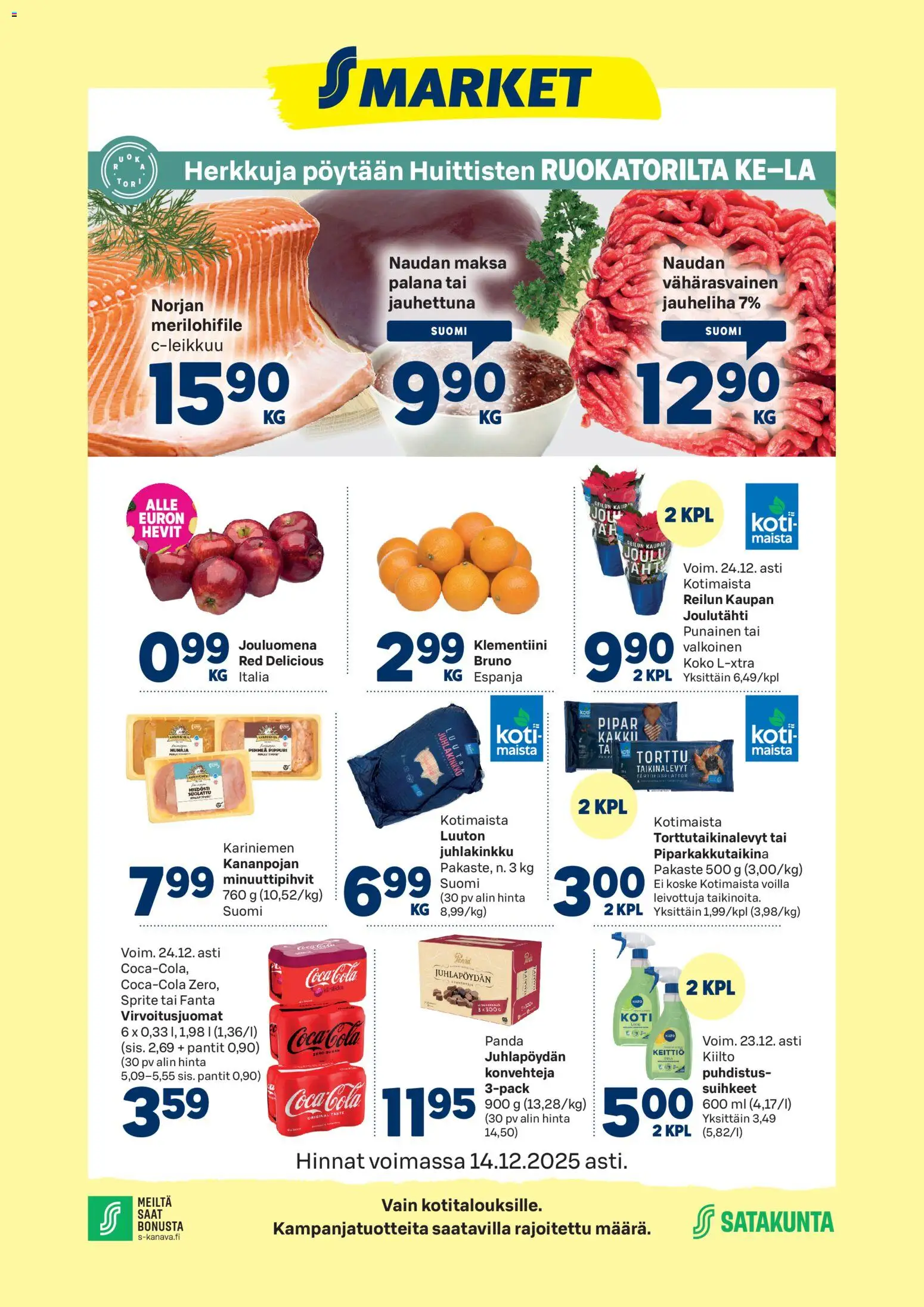 Kaupan S-market Huittinen esikatselu, voimassa 10/12/2025 - Keittiö, Coca cola, Jauheliha, Fanta, Hunaja, Sprite, Klementiini, Virvoitusjuomat