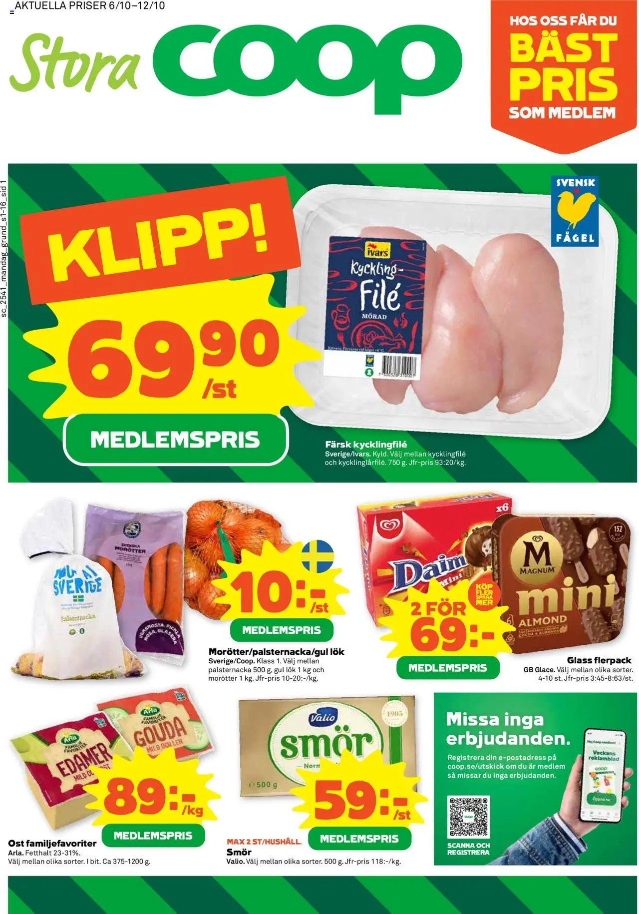 Boden är giltig 06/10 2025 > Veckans Erbjudanden gäller från 06/10/2025 till 12/10/2025 sidnummer 1 - Ost, Smör, Kycklingfile, Magnum, Gouda, Gul lök, Edamer, Kyckling