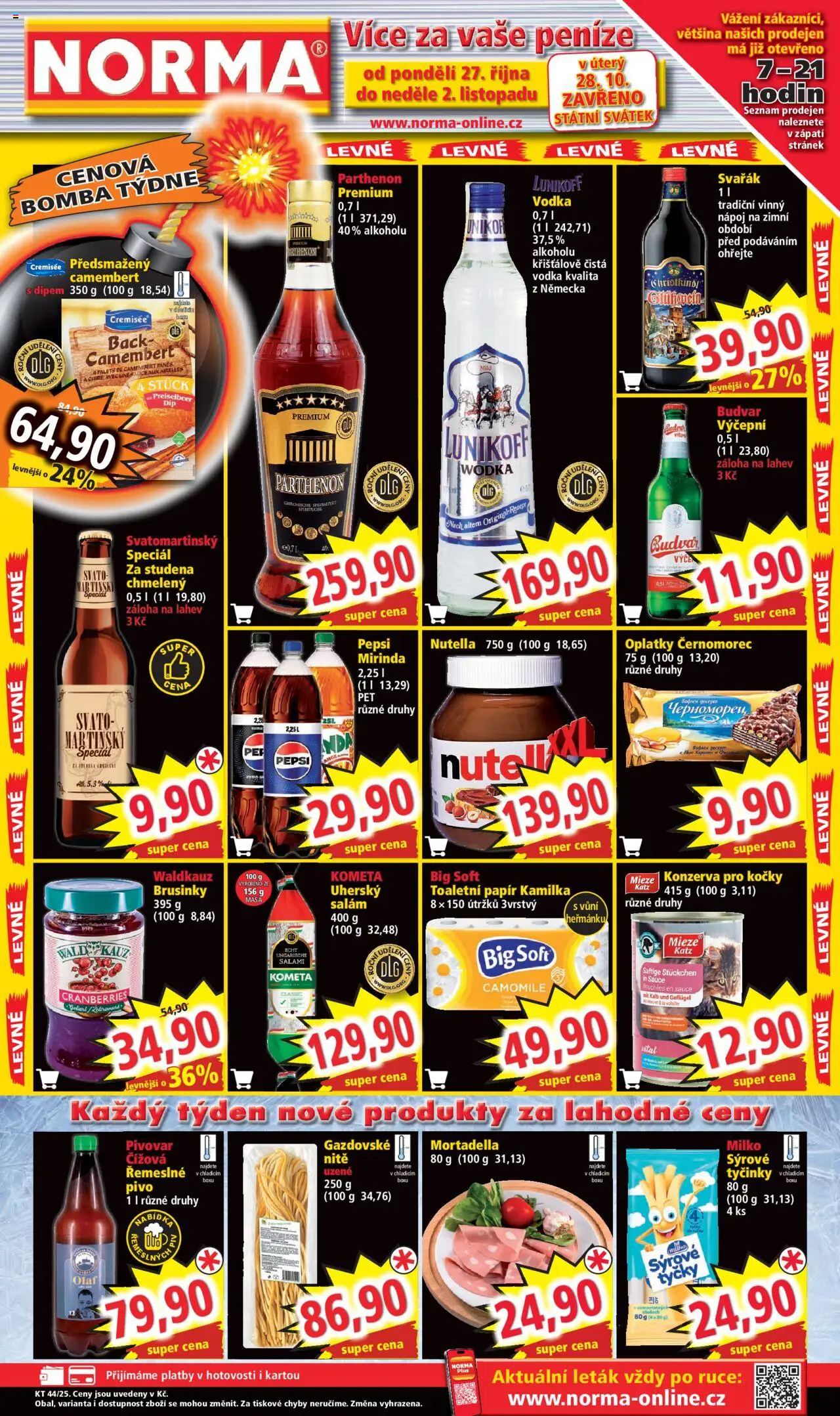  Norma Leták (27.10.2025) příští týden - Akční leták - Pivo, Nutella, Budvar, Pepsi, Toaletní papír, Láhev, Mirinda, Konzerva pro kočky