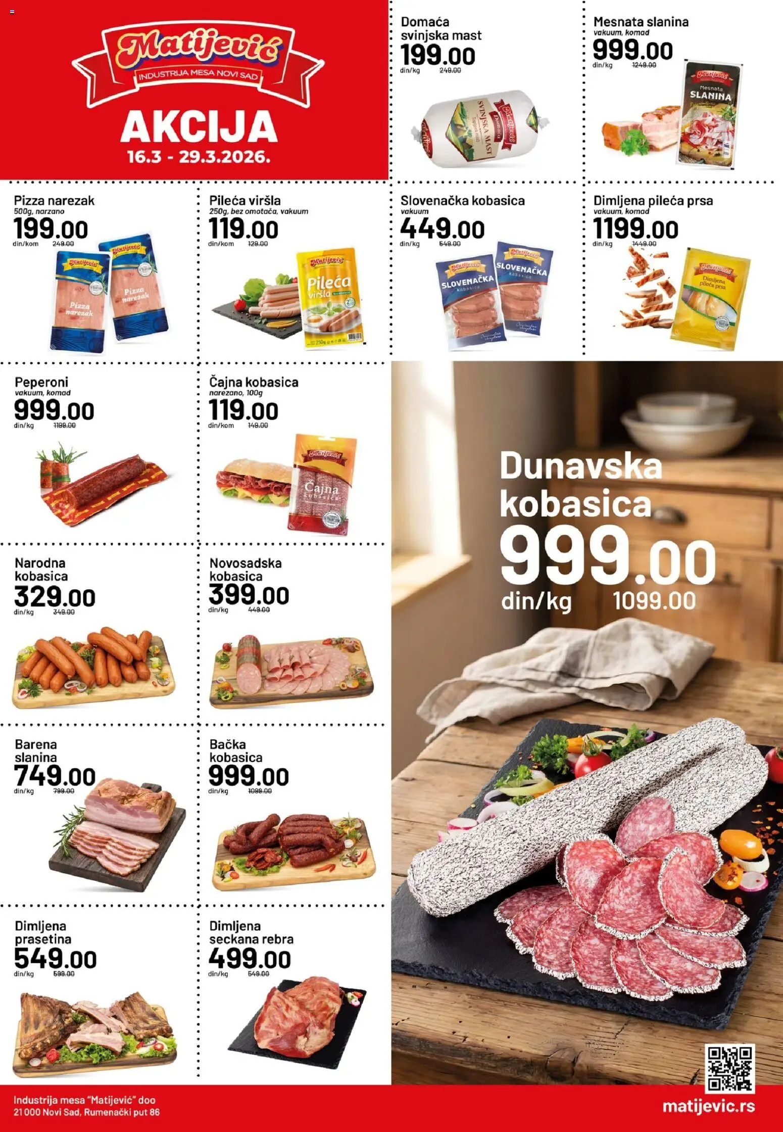 Pregled Matijevic kataloga - važi od 16.03.2026 - Slanina, Kobasica, Mast, Svinjska mast, Pileća prsa, Narezak, Dimljena pileća prsa