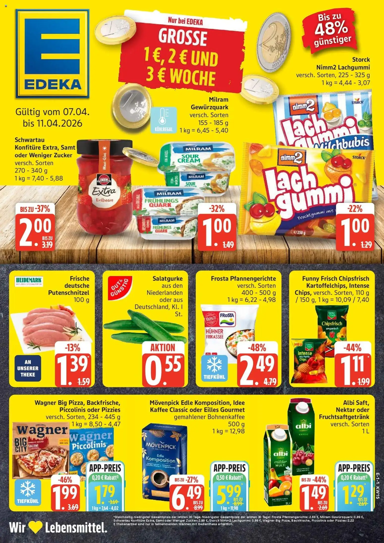 Vorschau von dem Prospekt des Geschäftes Edeka, gültig ab dem 05.04.2026 - Pizza, Kaffee, Käse, Quark, Frosta, Funny frisch, Milram, Idee kaffee