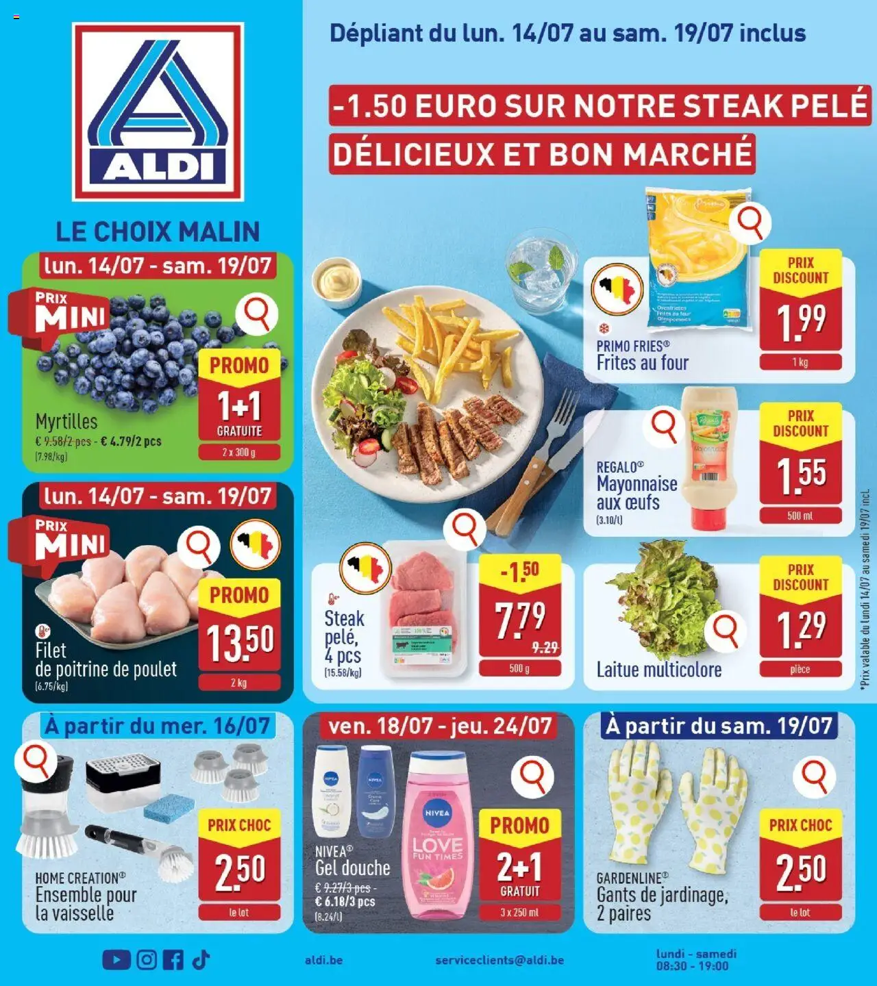 Aldi shop Folder de la semaine 29 geldig vanaf 14/07/2025 - Paginanummer 1 - La, Steak, Douche, Gel, Filet