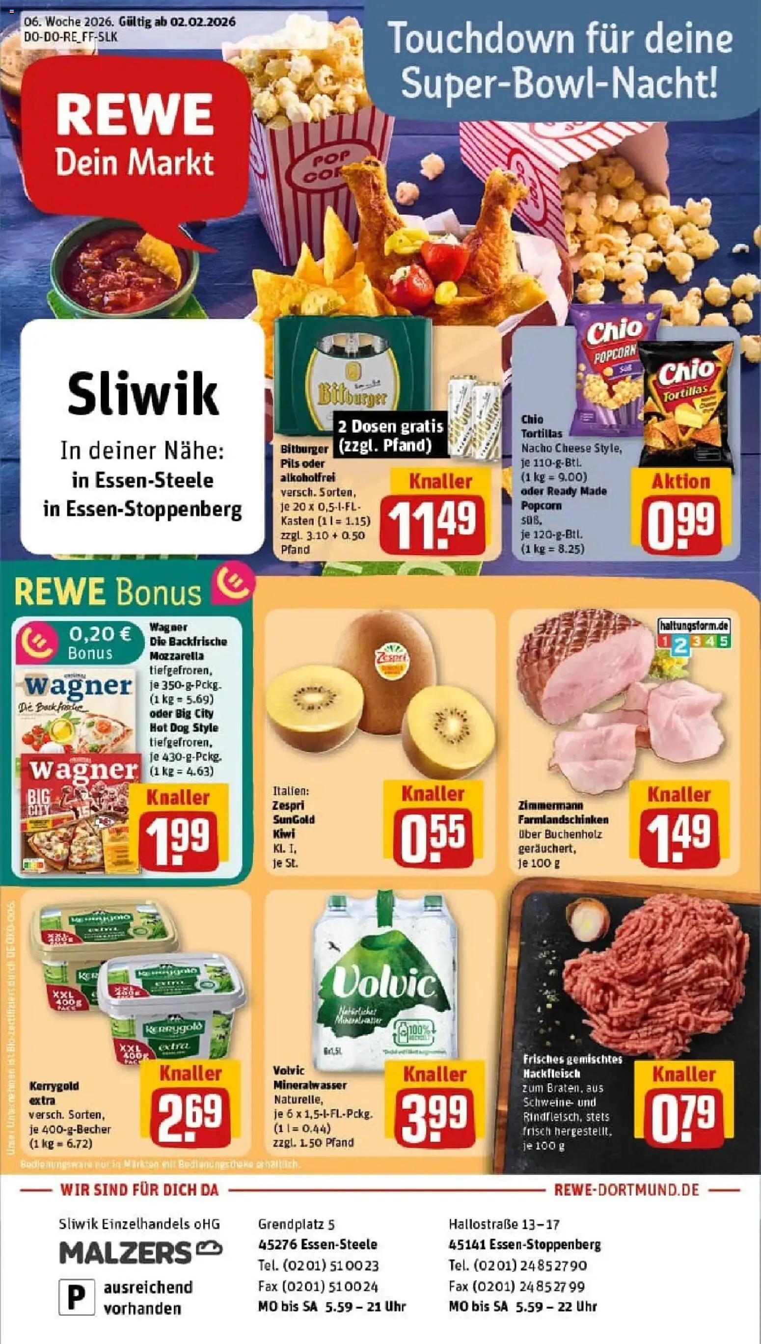 Vorschau von dem Prospekt des Geschäftes Rewe, gültig ab dem 02.02.2026 - Butter, Kiwi, Tortillas, Mineralwasser, Popcorn, Bitburger, Volvic, Pils