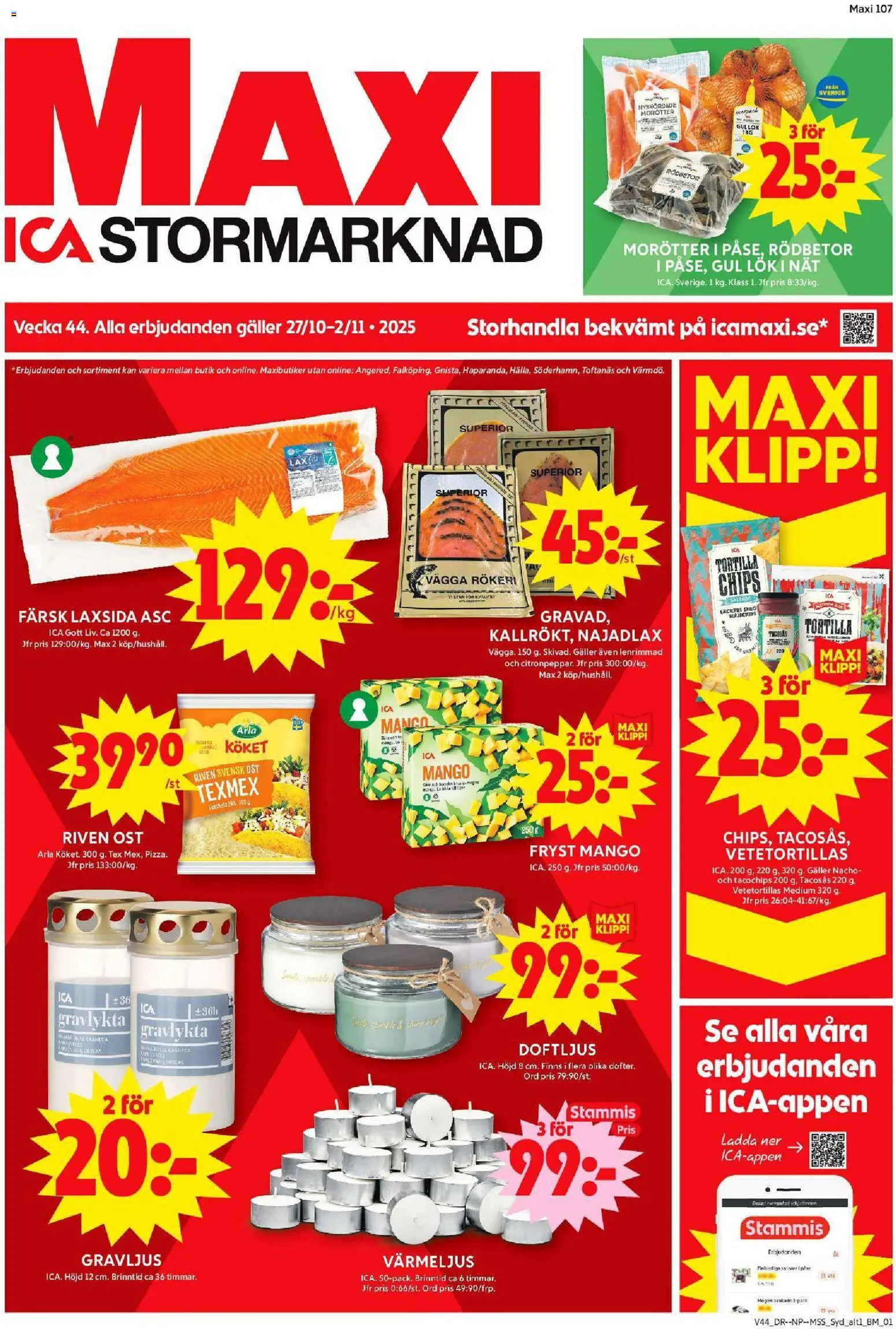 Trelleborg är giltig 27/10 2025 > Veckans Erbjudanden gäller från 27/10/2025 till 02/11/2025 sidnummer 1 - Mango, Galler, Värmeljus, Gravljus, Morötter, Tacosås, Riven ost, Gul lök