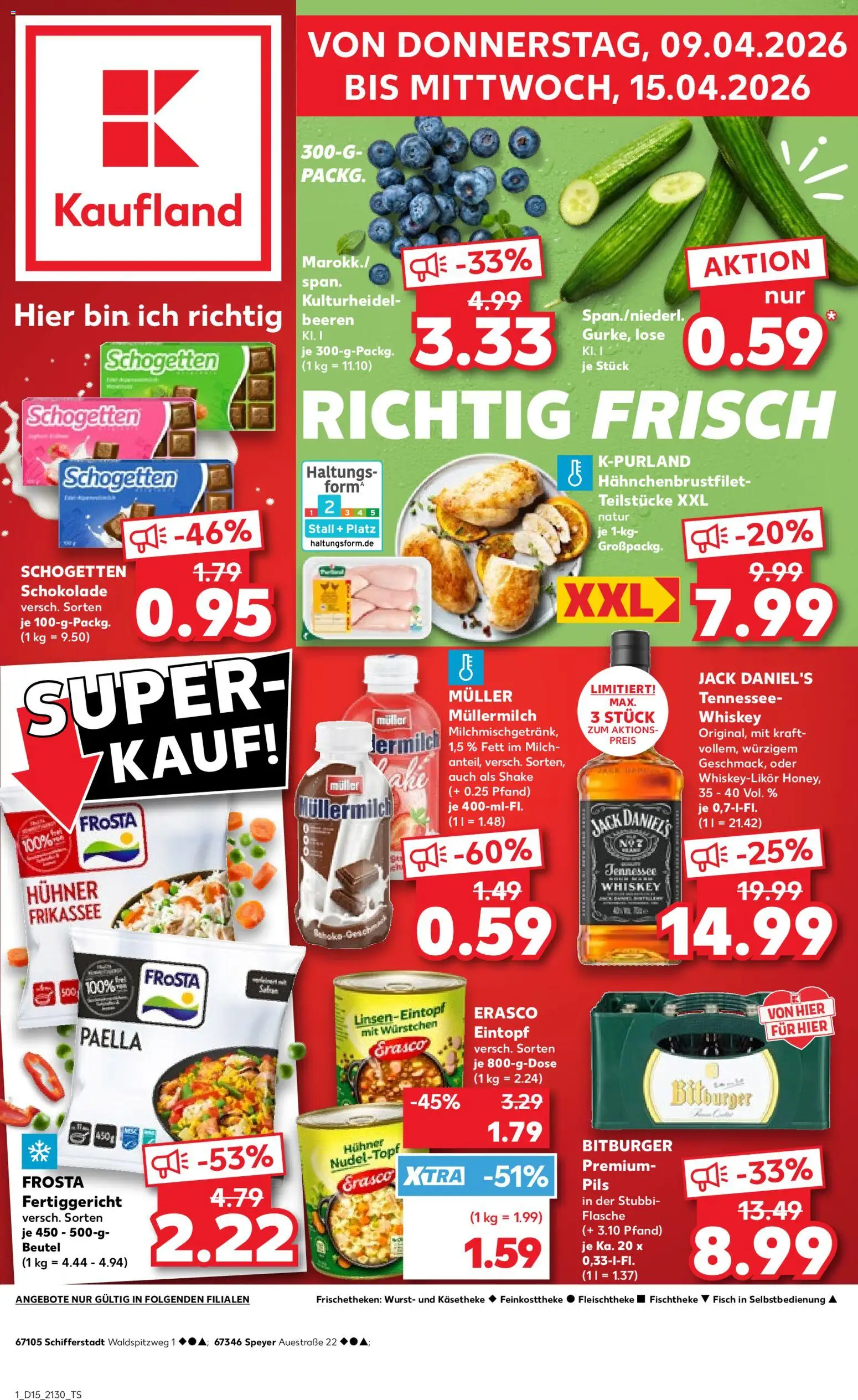 Vorschau von dem Prospekt des Geschäftes Kaufland, gültig ab dem 09.04.2026 - Fisch, Wurst, Milch, Whiskey, Müllermilch, Pils, Erasco, Muller mullermilch