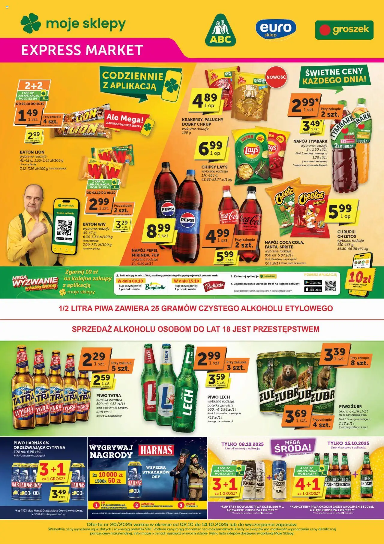 Groszek Expressmarket od 02.10.2025 - Nowa Gazetka - Numer strony 1 - Piwo, Coca cola, Chipsy, Pepsi, Cytryna, Karta, Ketchup, Harnaś