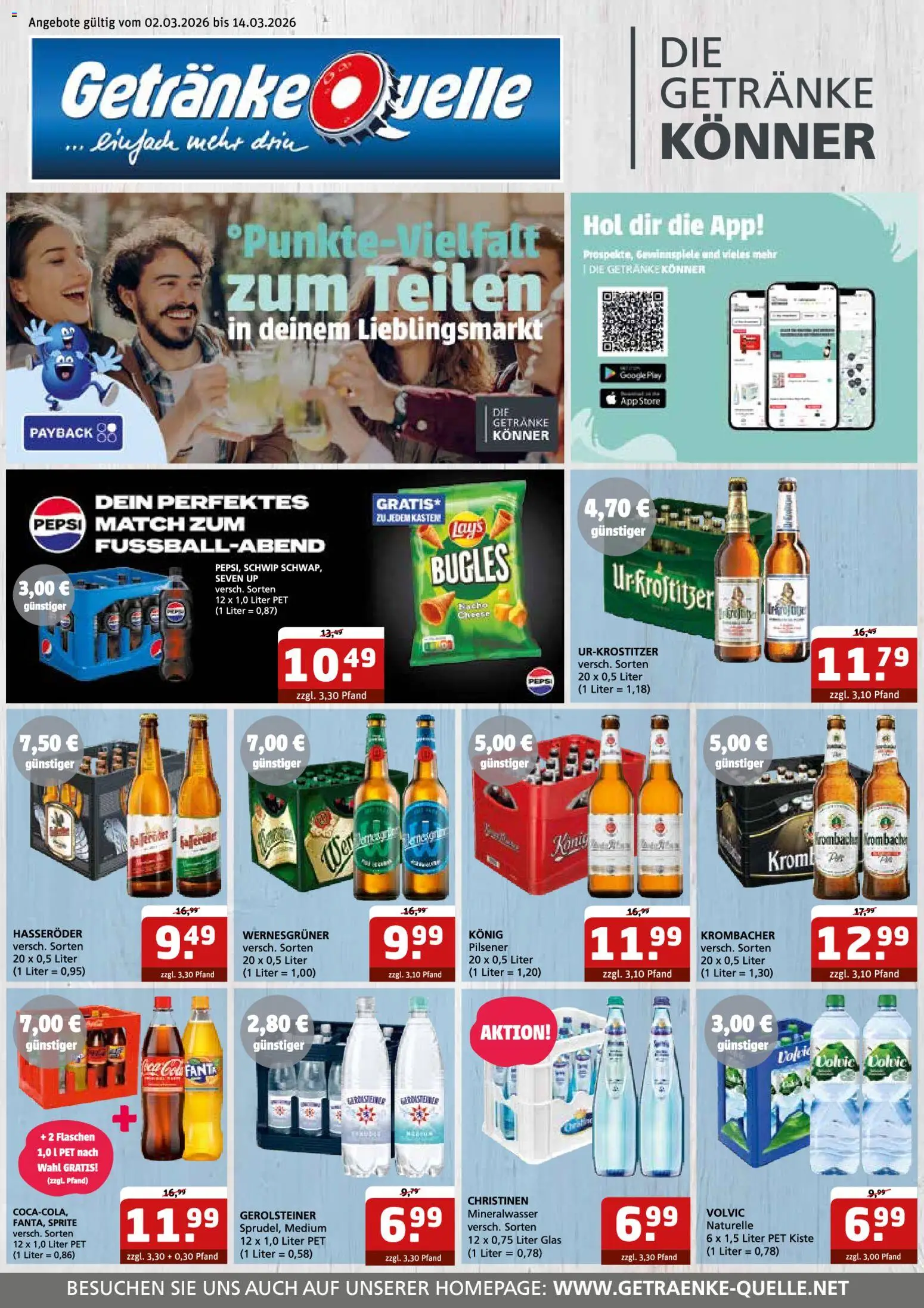 Vorschau von dem Prospekt des Geschäftes Getränke Quelle, gültig ab dem 02.03.2026 - Mineralwasser, Gerolsteiner, Krombacher, Fanta, Sprite, Pepsi, Volvic, Hasseröder